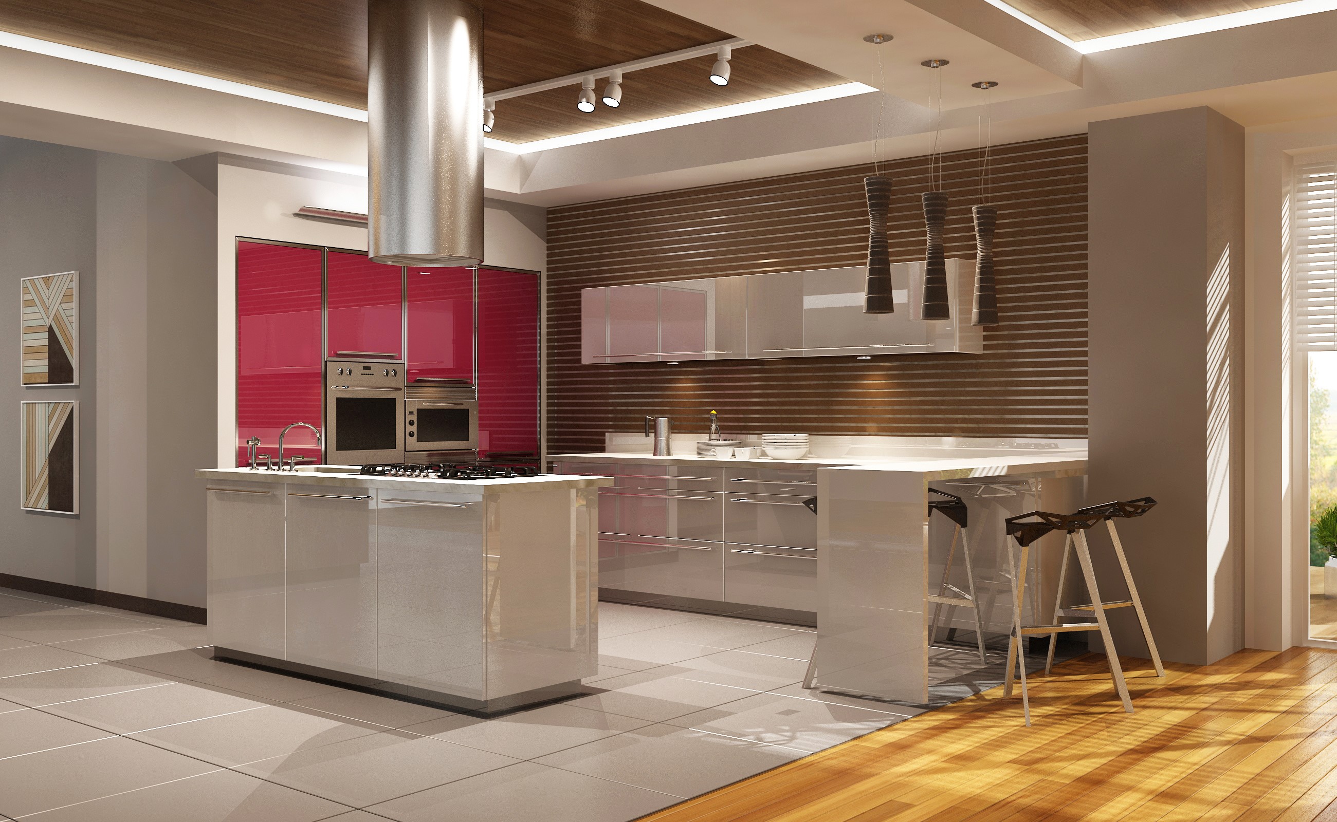 Modern kitchen with island and bar stools HD Wallpaper