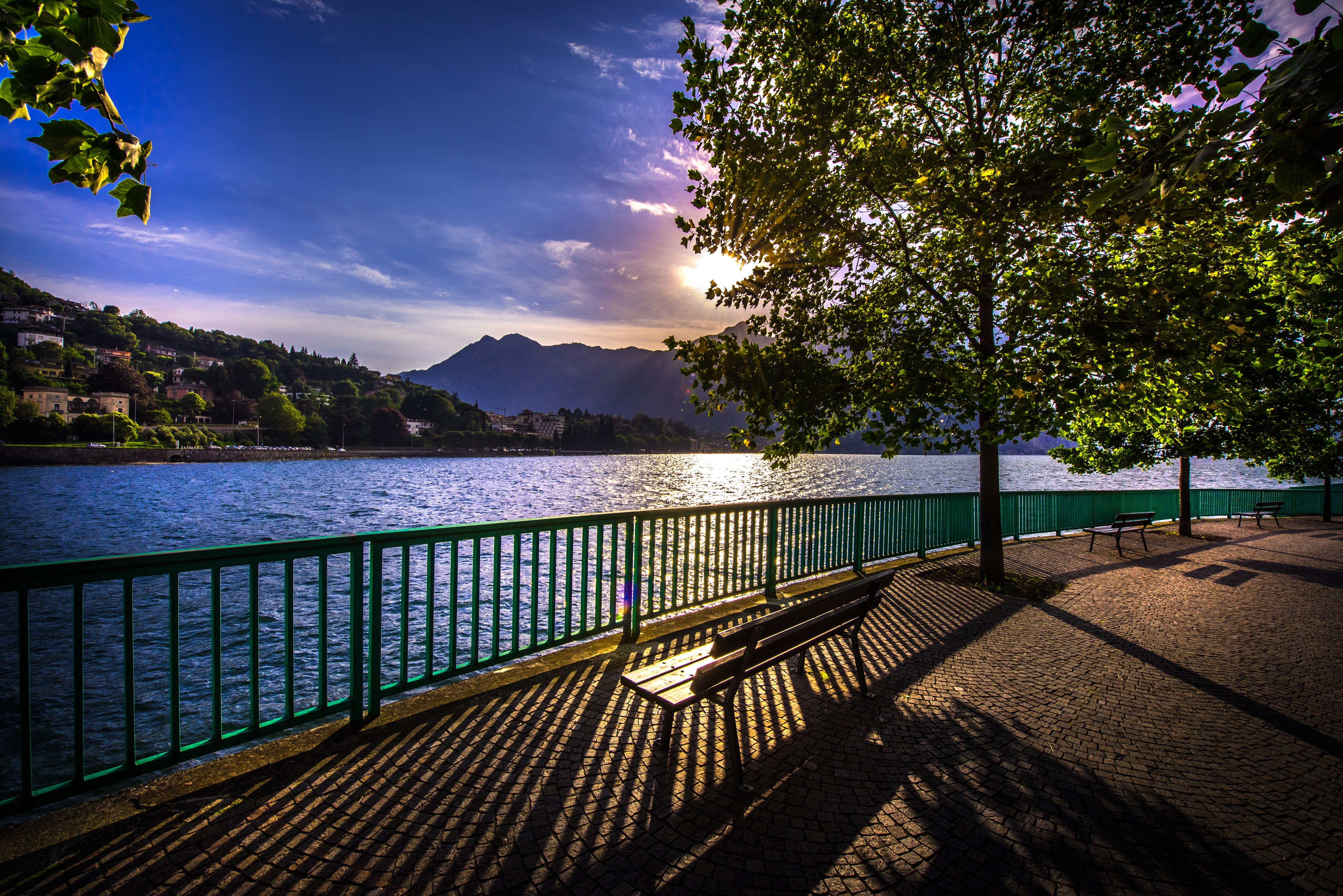 Lake Como Italy at Sunset with Trees and Fence HD Wallpaper