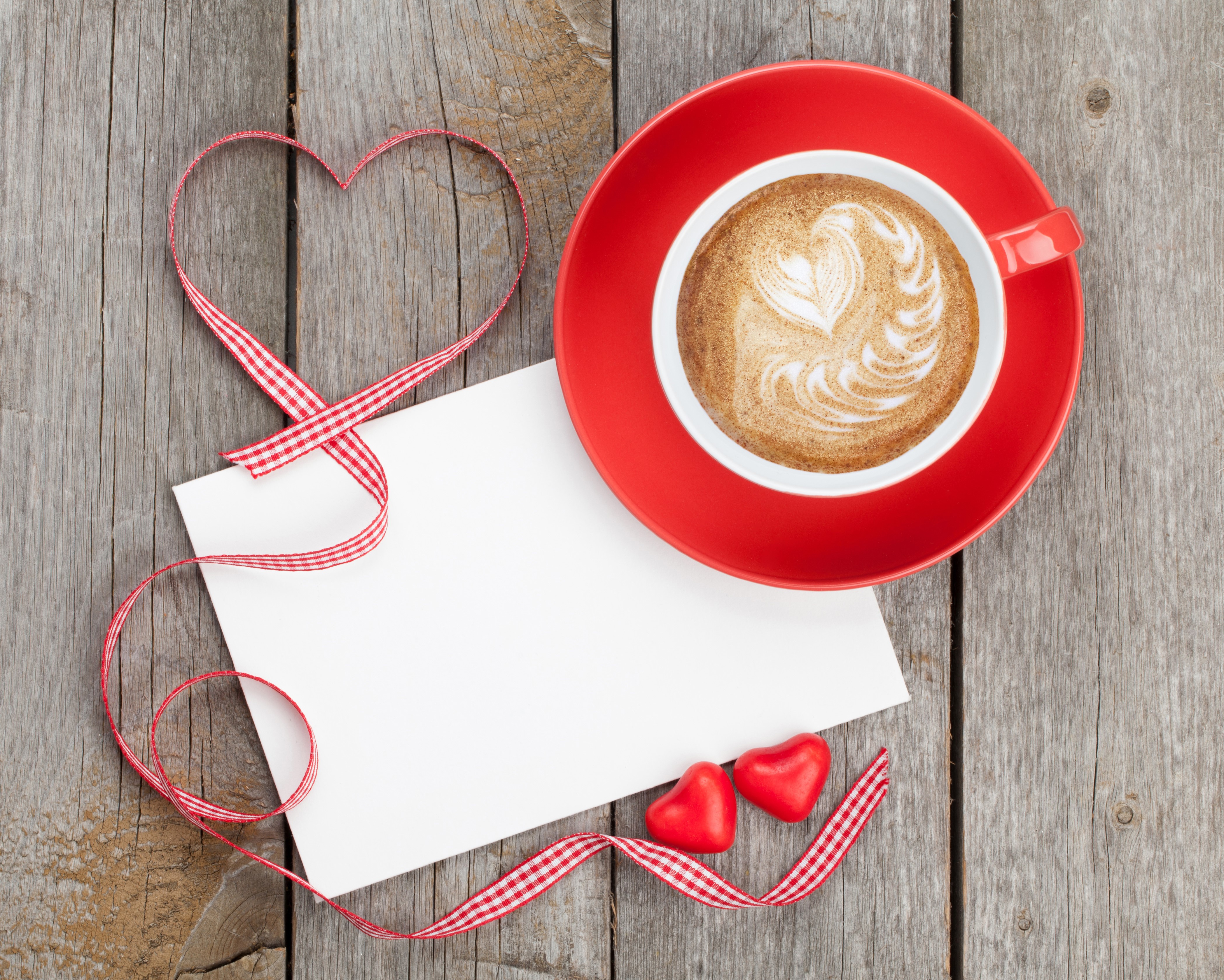 Valentine's Day coffee with heart ribbon and note HD Wallpaper