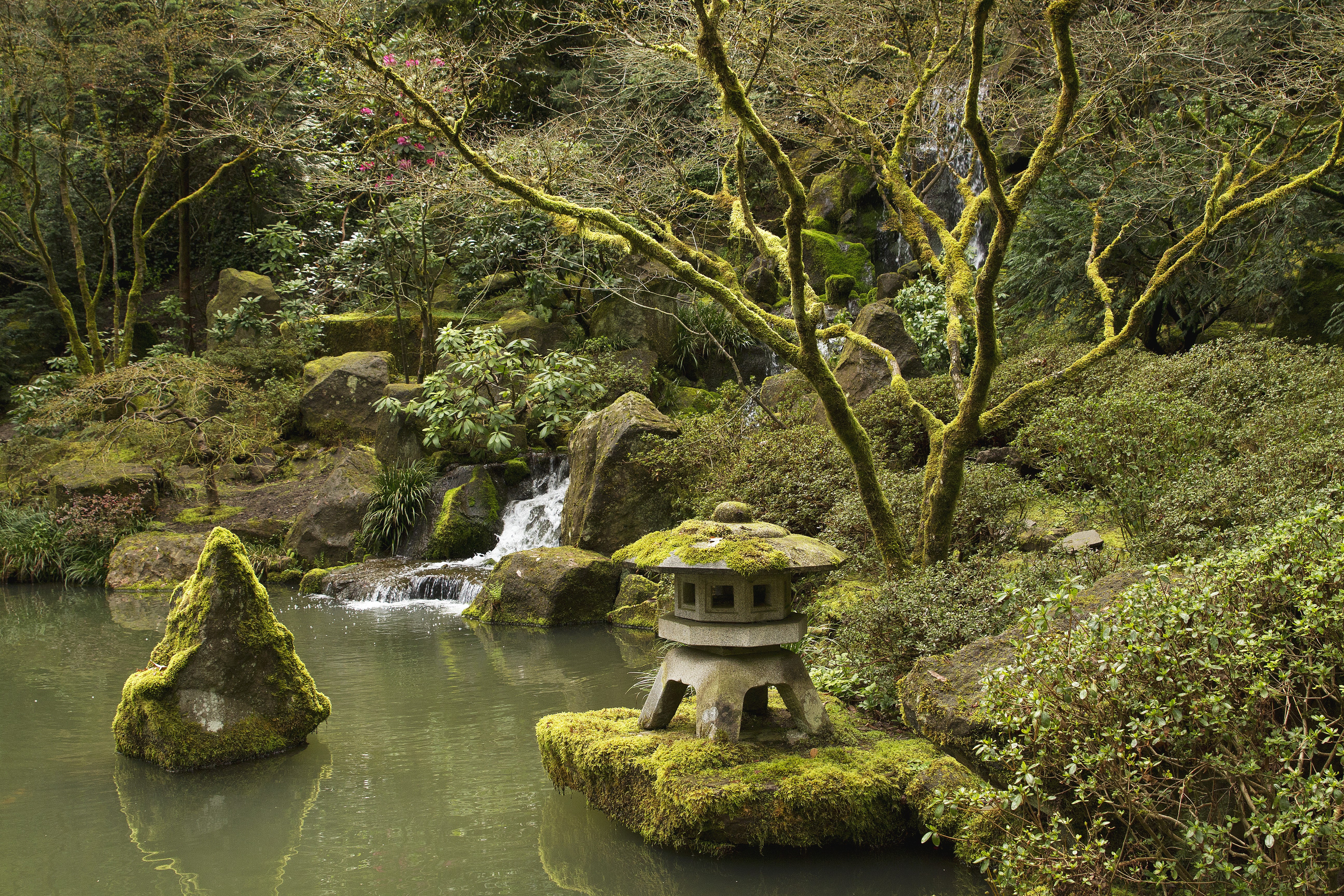 Portland Japanese Gardens Oregon USA Moss Stones Waterfalls HD Wallpaper