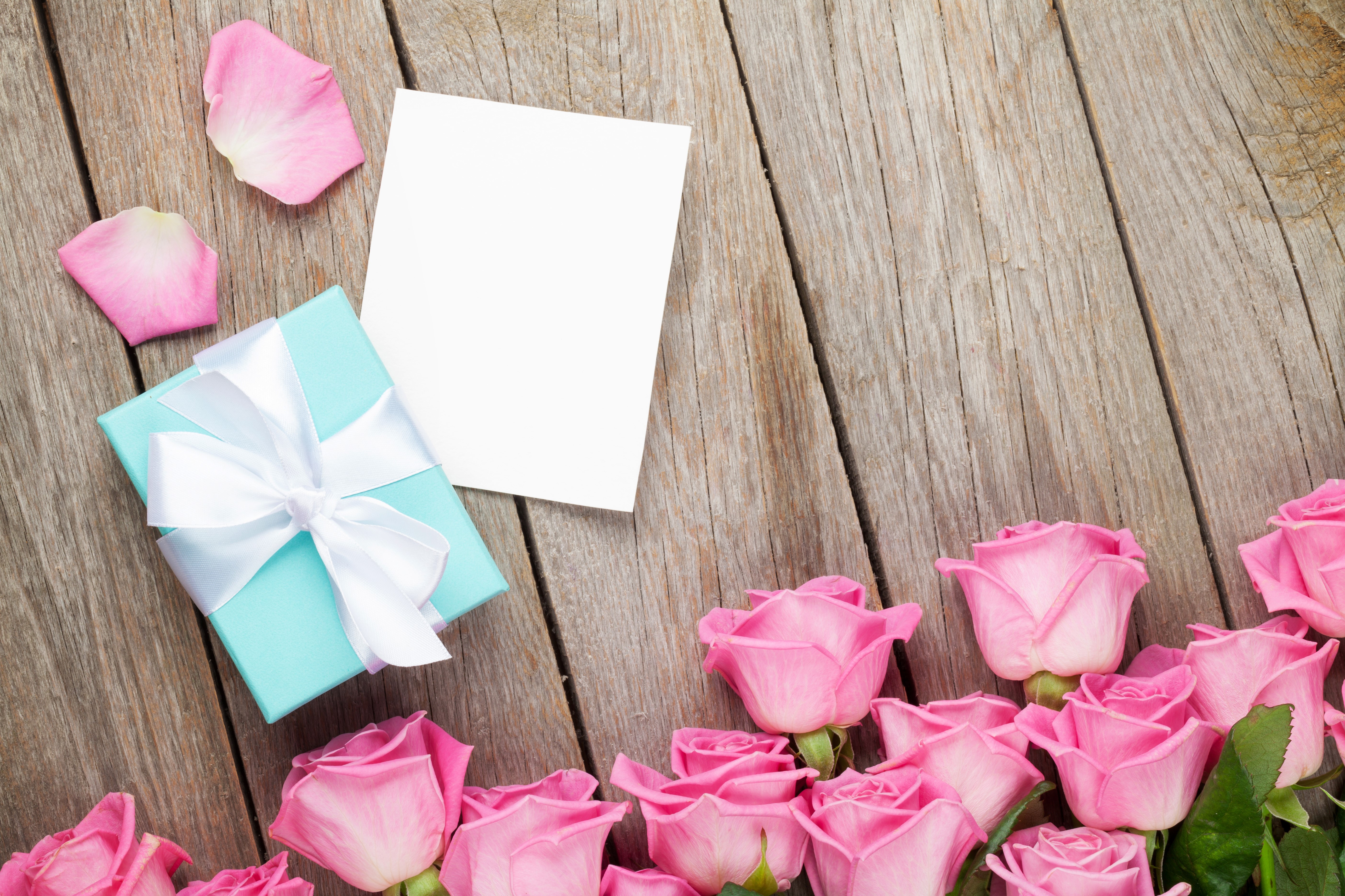 Pink Roses, Gift Box, Card, and Petals on Wood HD Wallpaper