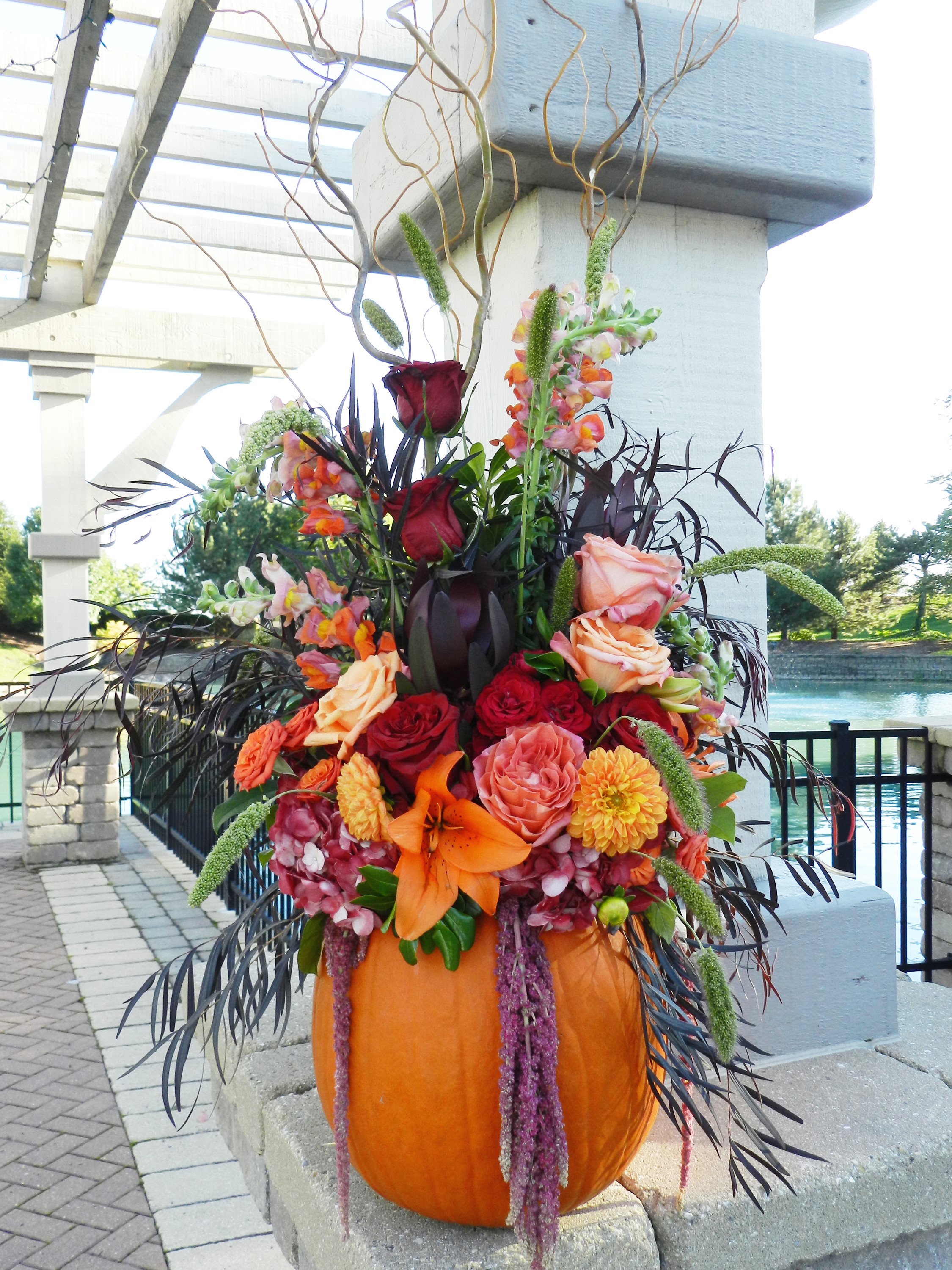 Floral arrangement in a pumpkin HD Phone Wallpaper