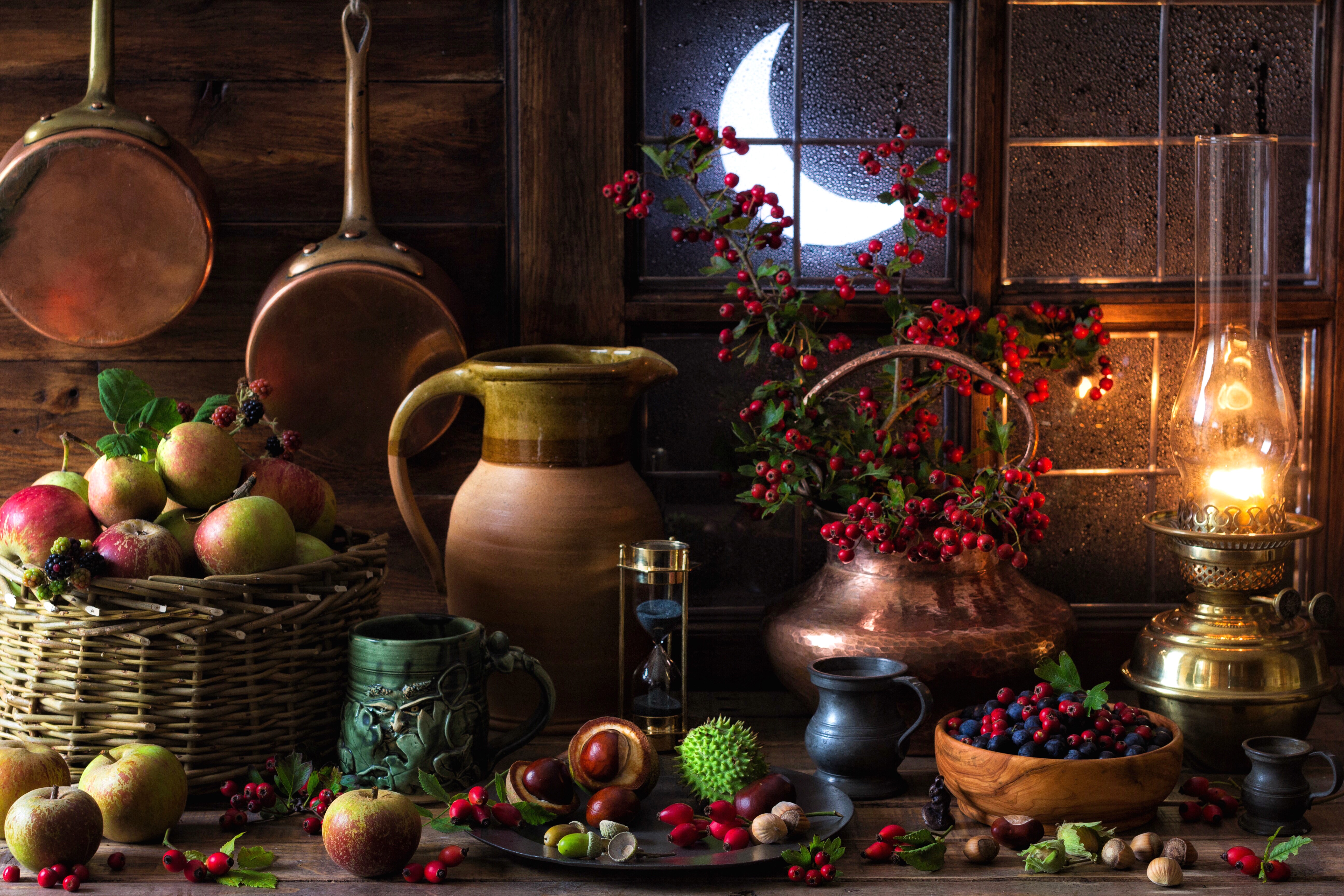 Still-life with apples, berries, nuts, and kerosene lamp HD Wallpaper