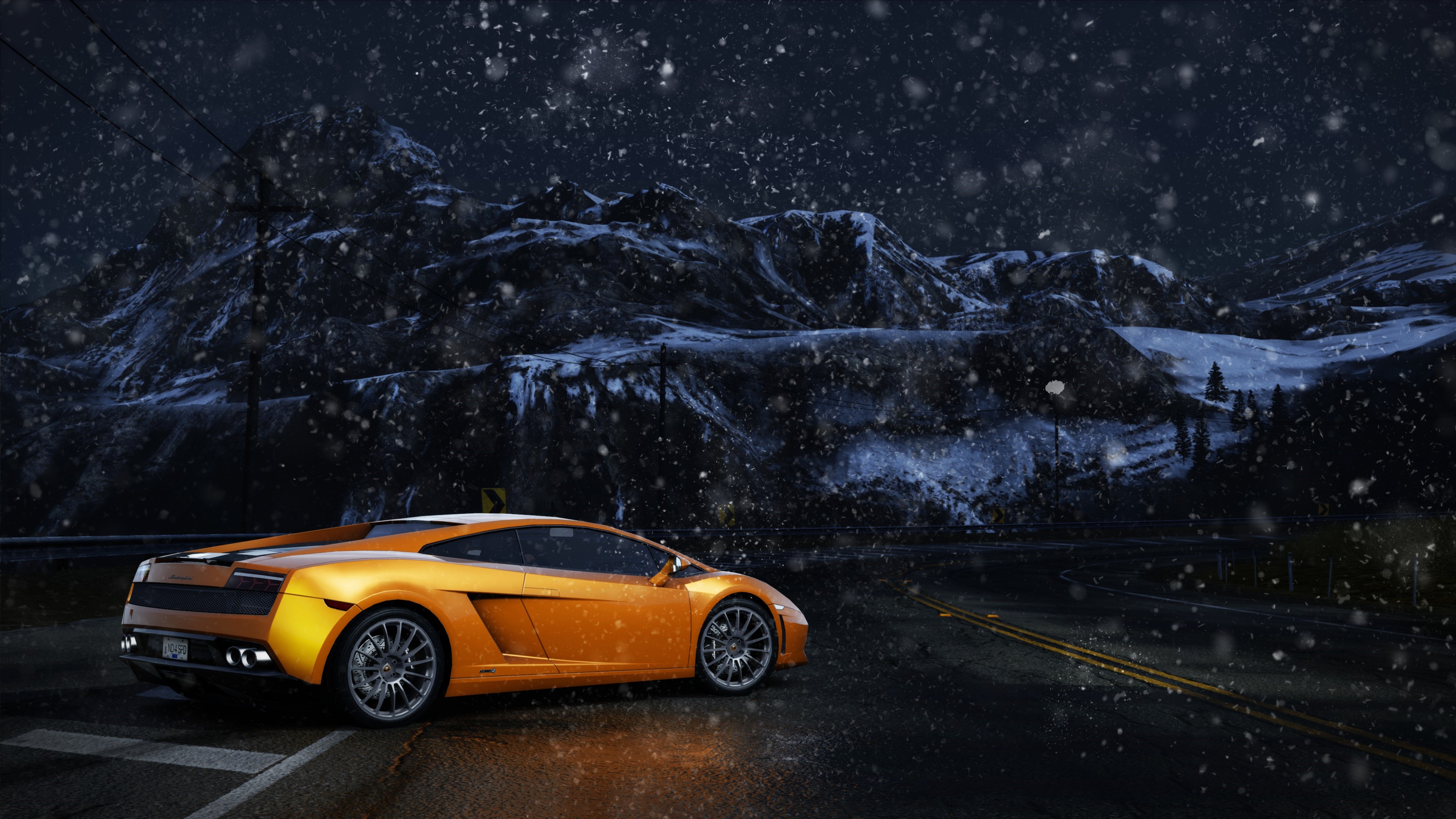 Orange Lamborghini Gallardo in Snow at Night HD Wallpaper