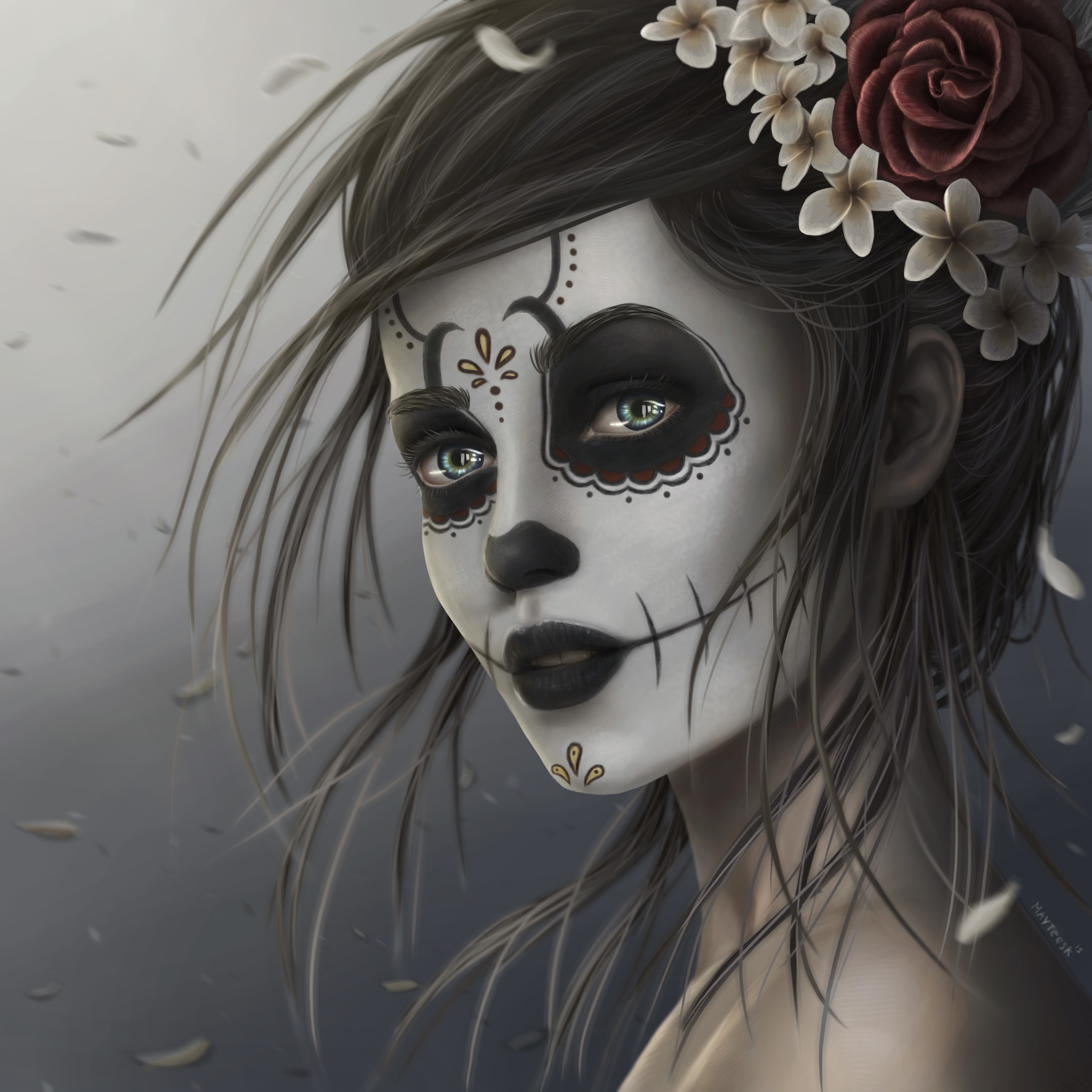 Woman with Sugar Skull Makeup and Flowers HD Wallpaper