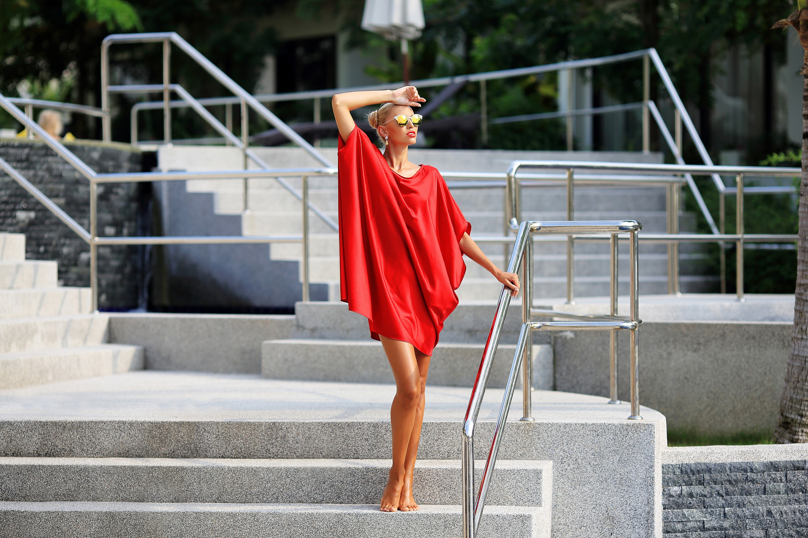 Woman in red dress on stairs HD Wallpaper
