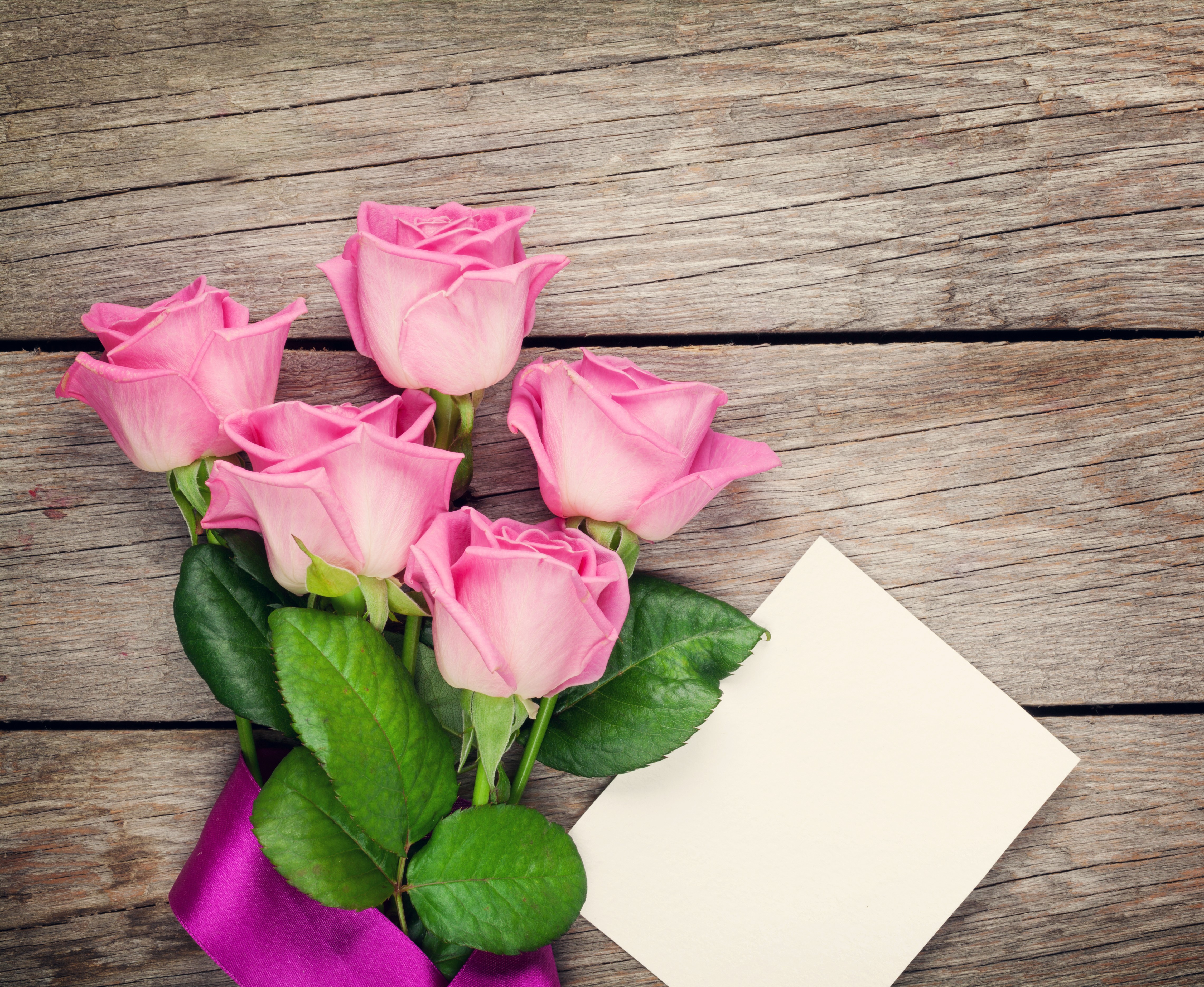 Pink Roses with Greeting Card on Wood HD Wallpaper