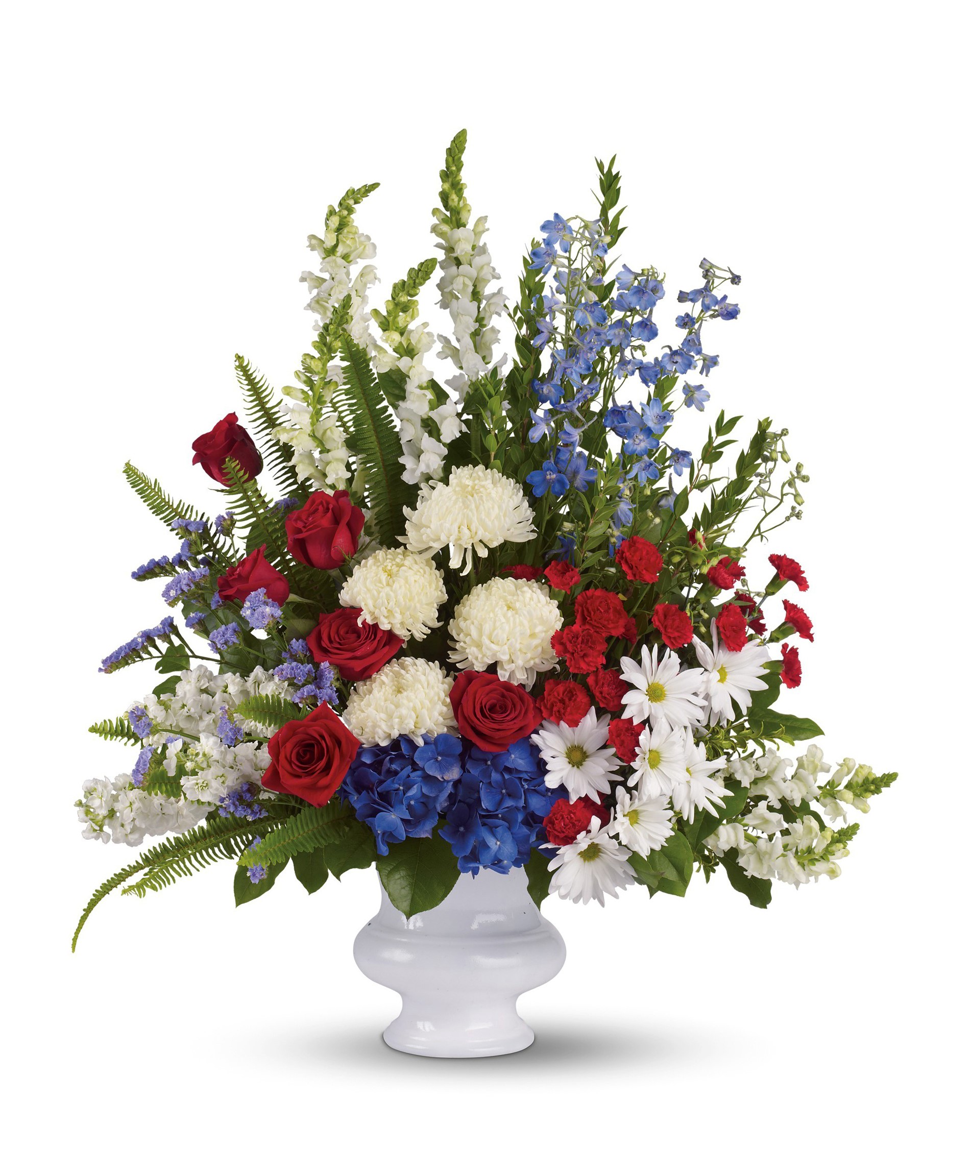 Red, white, and blue floral arrangement in a white urn vase HD Phone Wallpaper