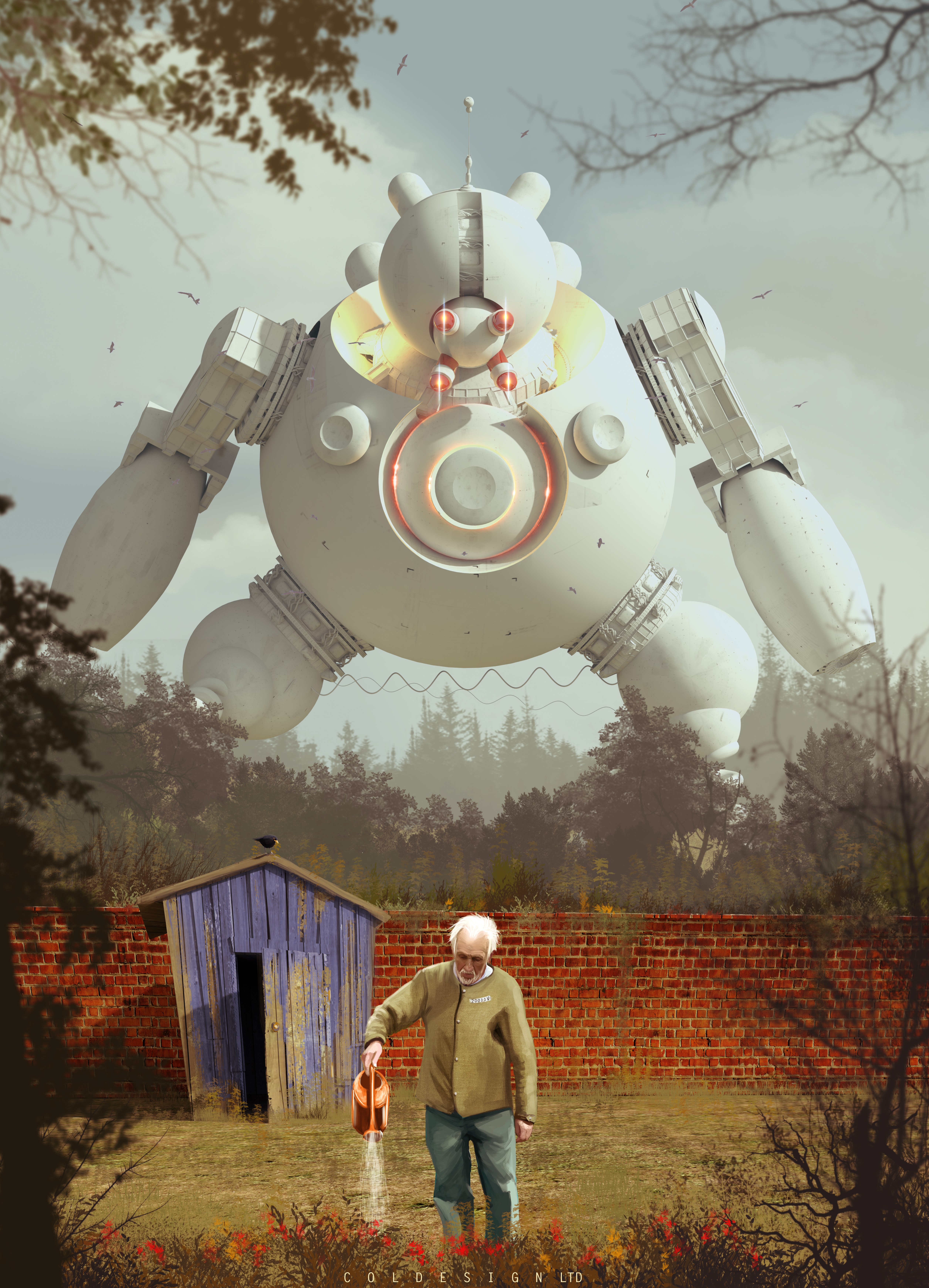 Giant Robot Overlooking an Old Man Watering Plants HD Phone Wallpaper