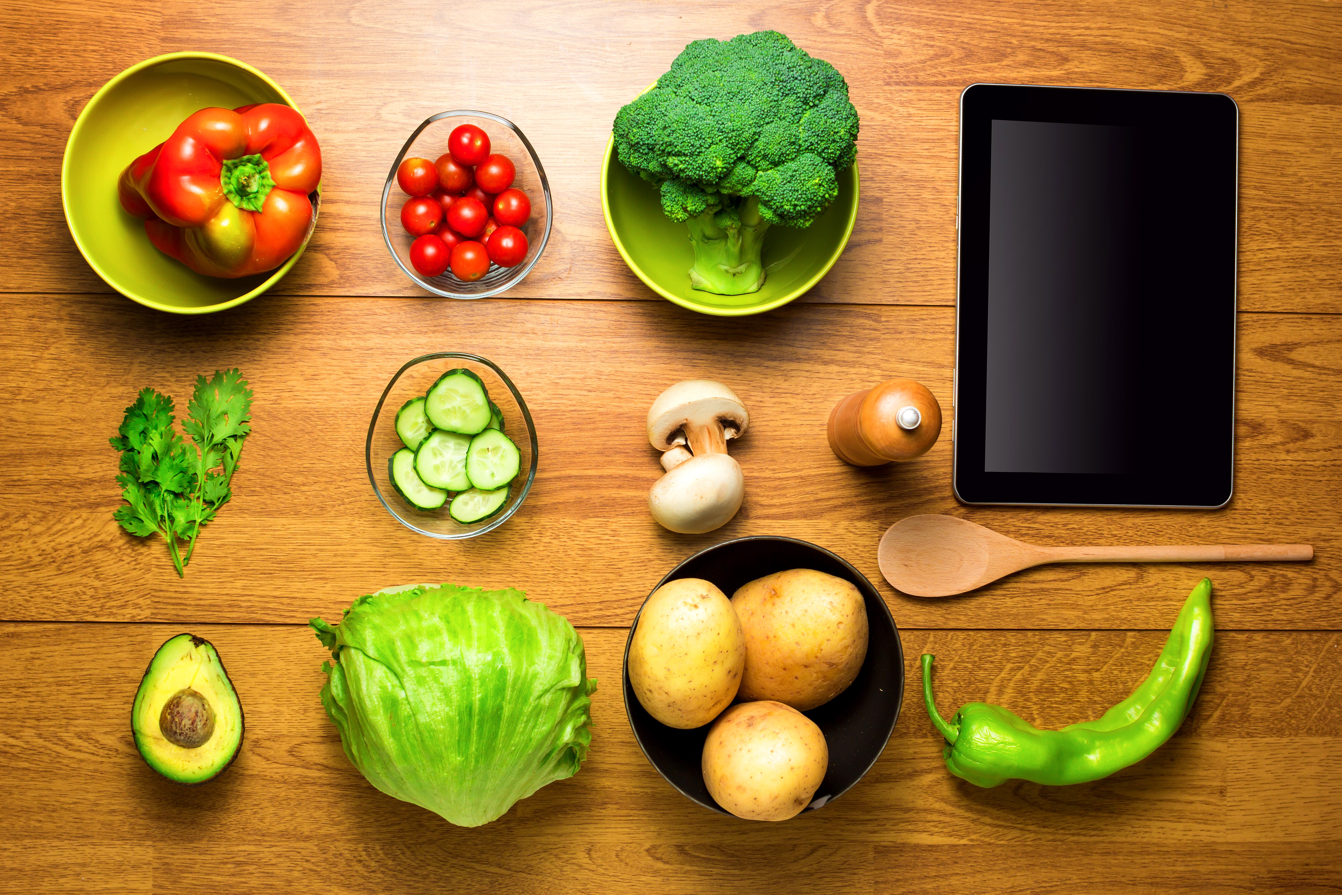Vegetables and Tablet on Wood Planks HD Wallpaper