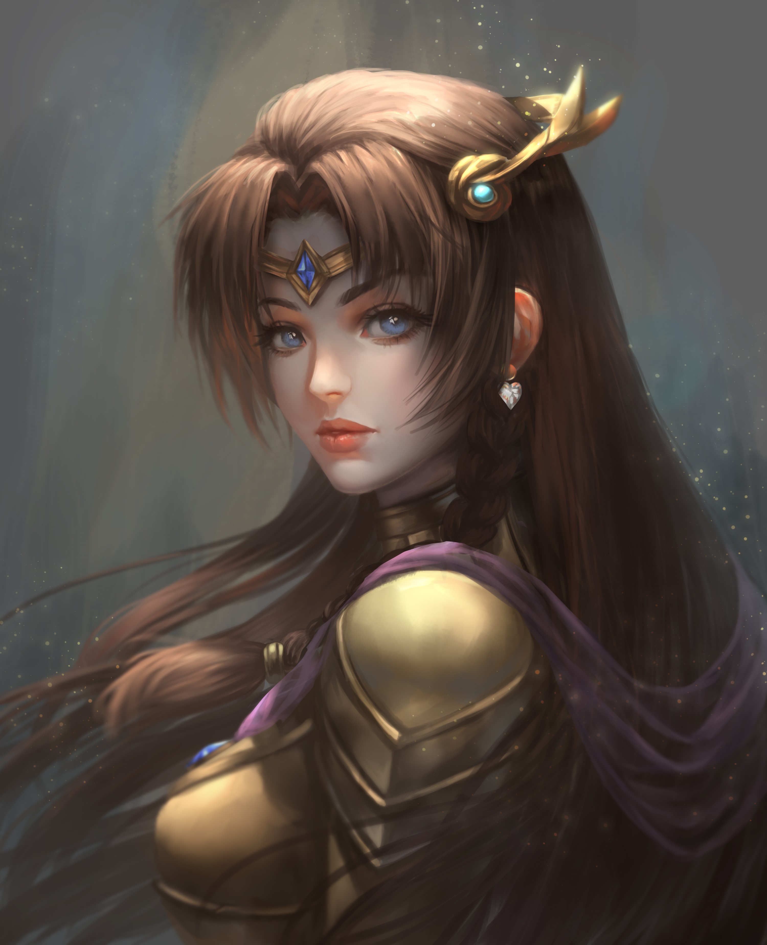 Brown-haired woman with golden armor and purple cape HD Phone Wallpaper
