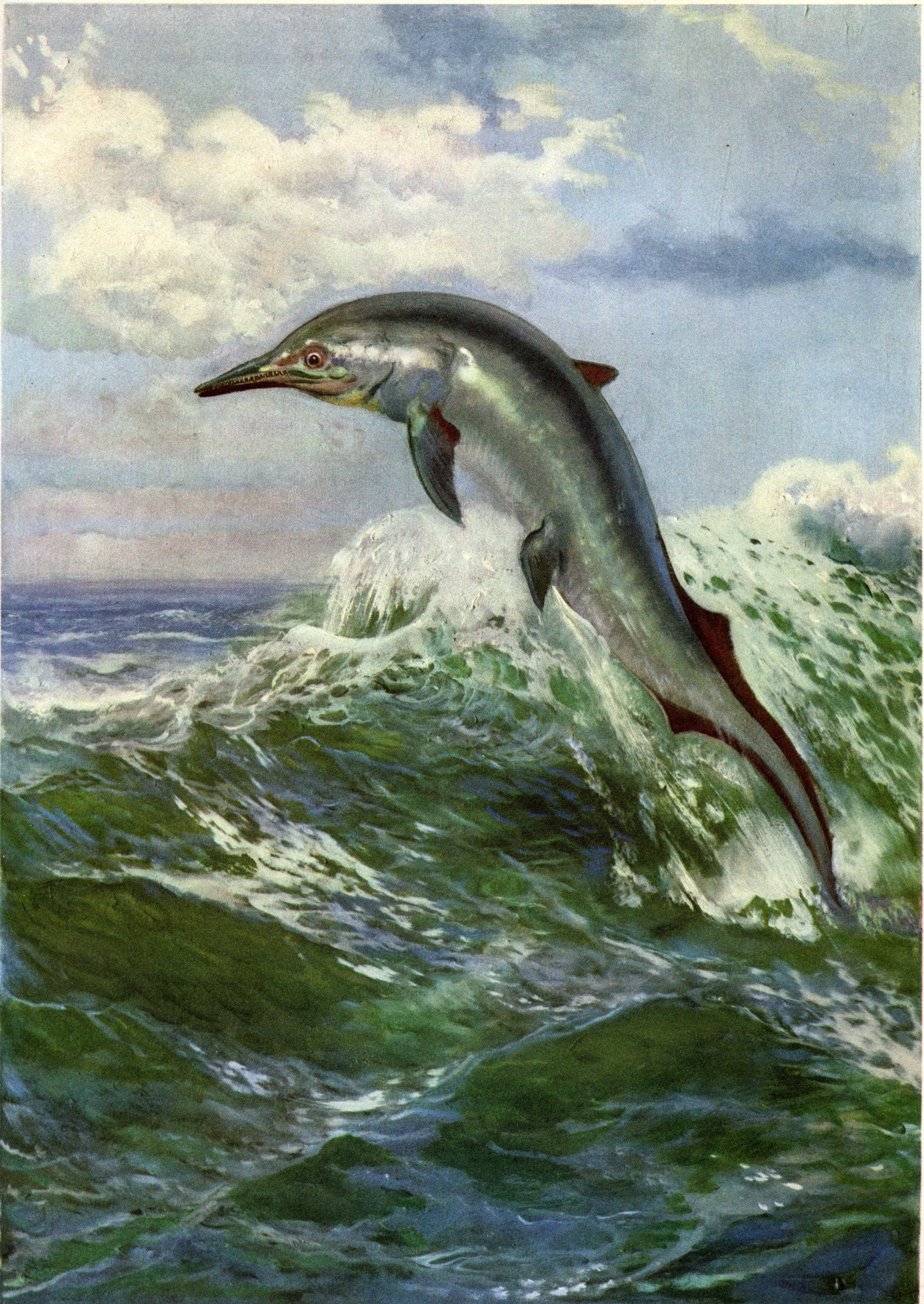 Mixosaurus jumping from waves, by Zdenek Burian HD Phone Wallpaper