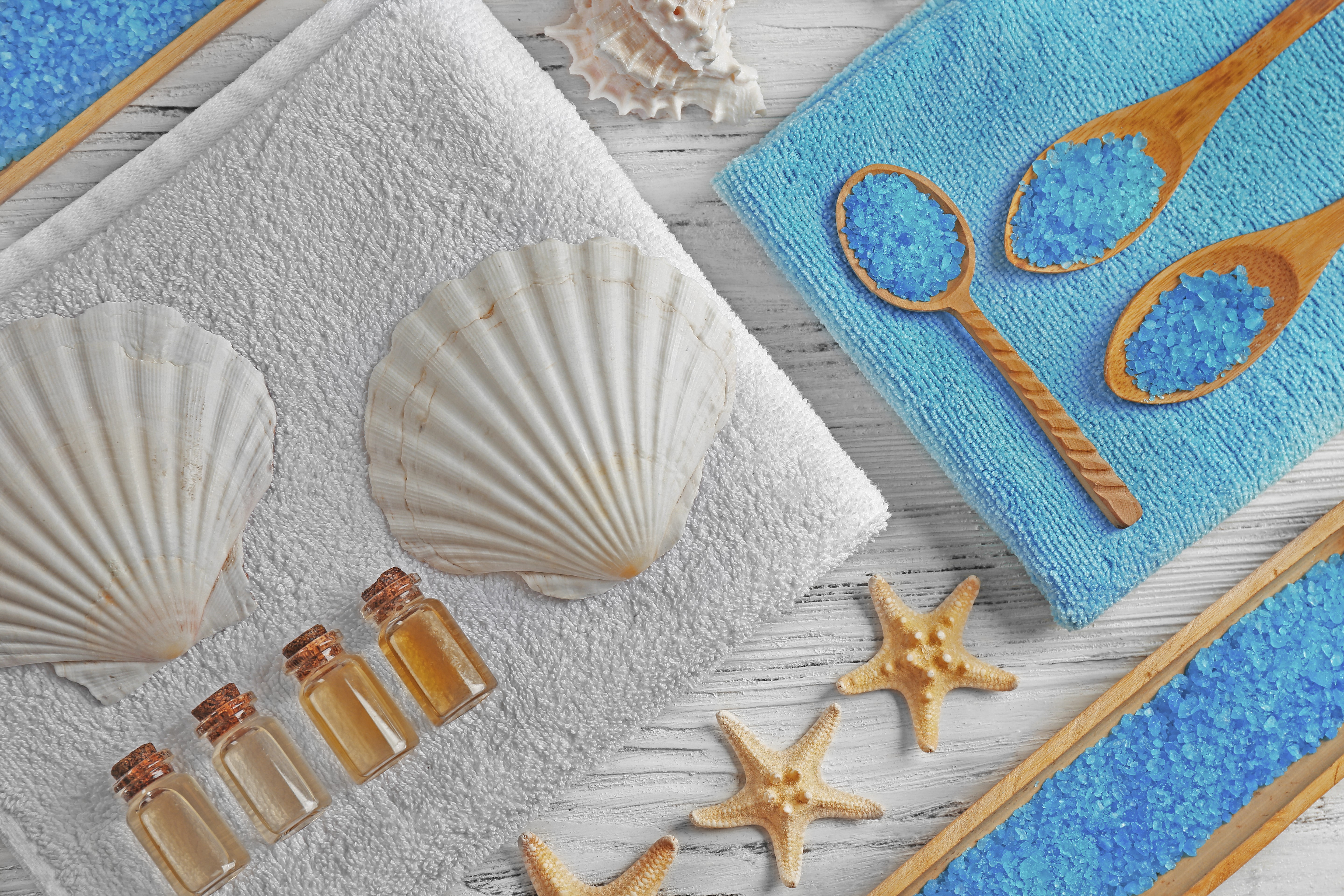 Spa items with shells and blue salt HD Wallpaper