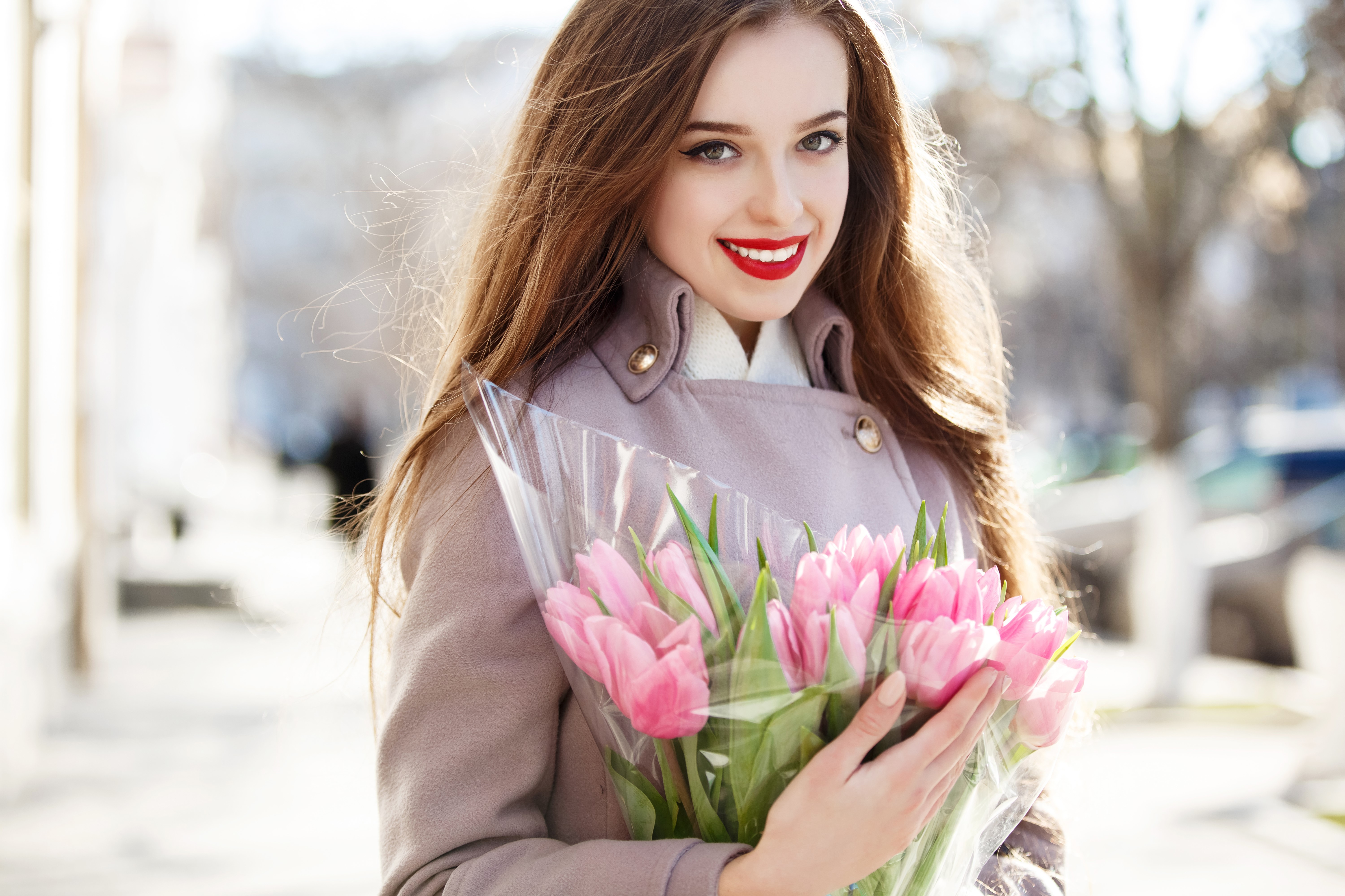 Woman with Brown Hair Holding Pink Tulips HD Wallpaper