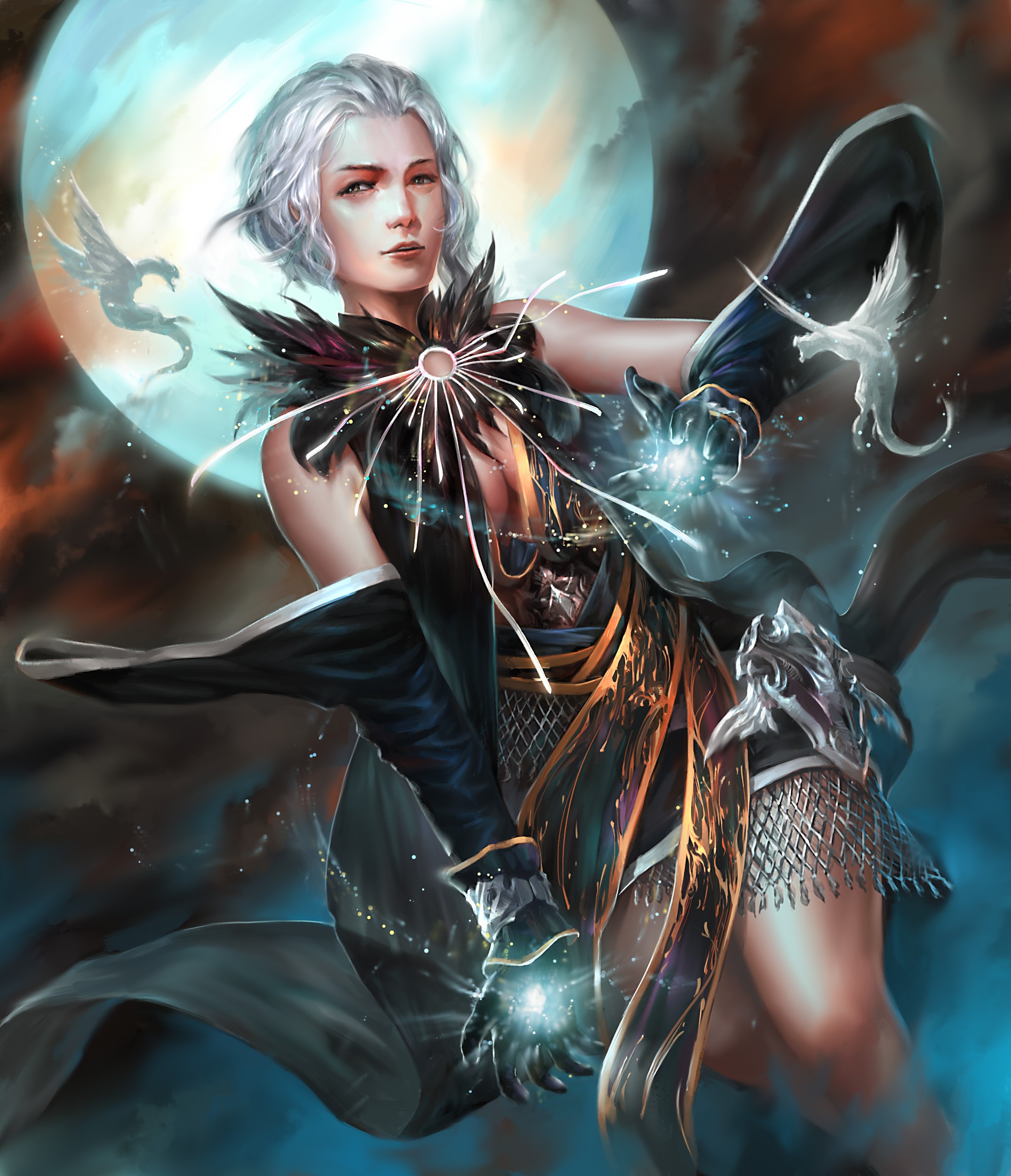 Sorcerer casting magic with dragons and moon HD Wallpaper