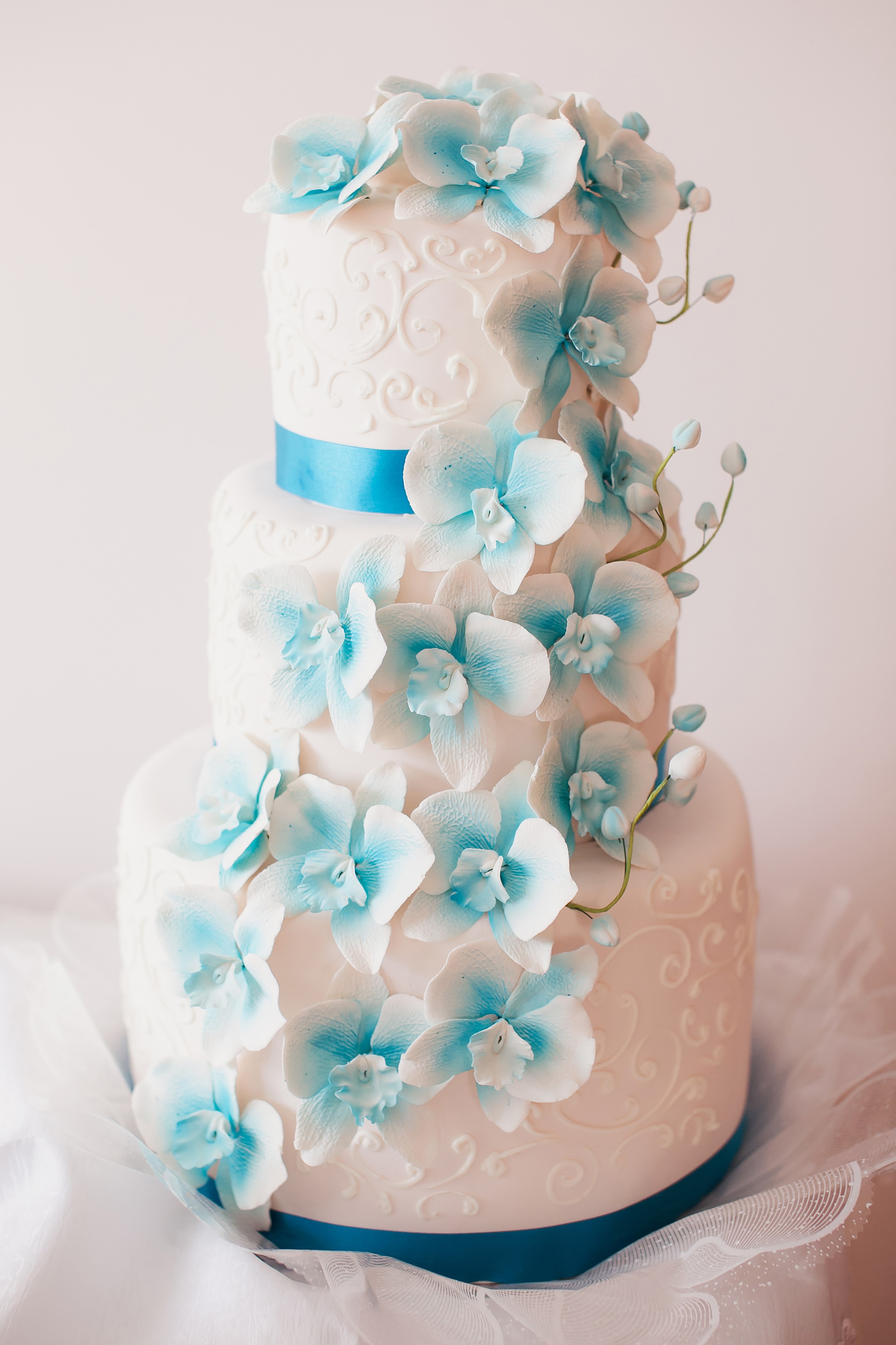 Three-tier white cake with blue orchids HD Phone Wallpaper