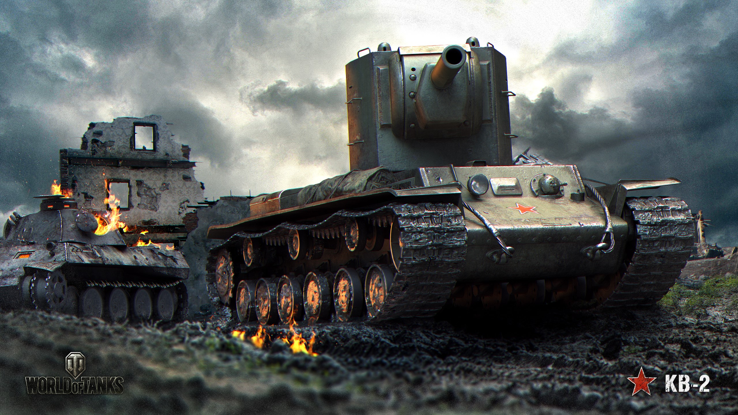 KV-2 tank from World of Tanks in a battlefield HD Wallpaper