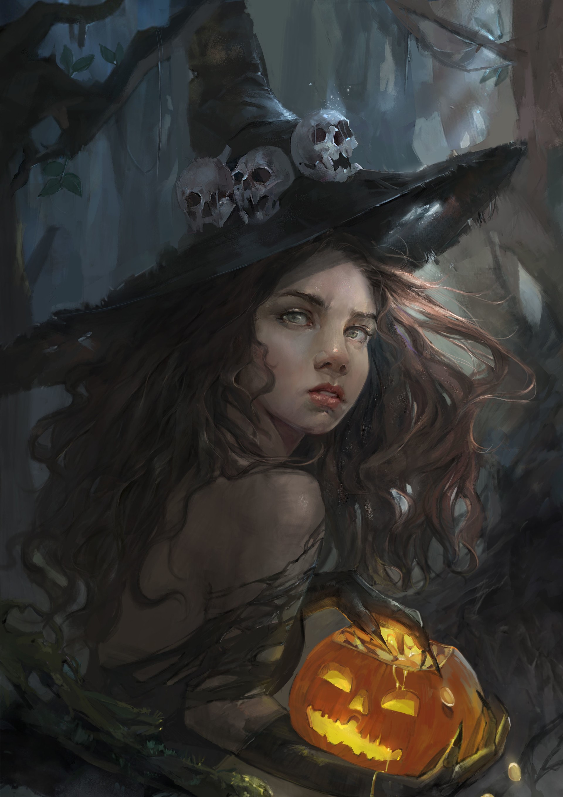 Witch with Skulls on Hat holding a Jack-o'-lantern HD Phone Wallpaper