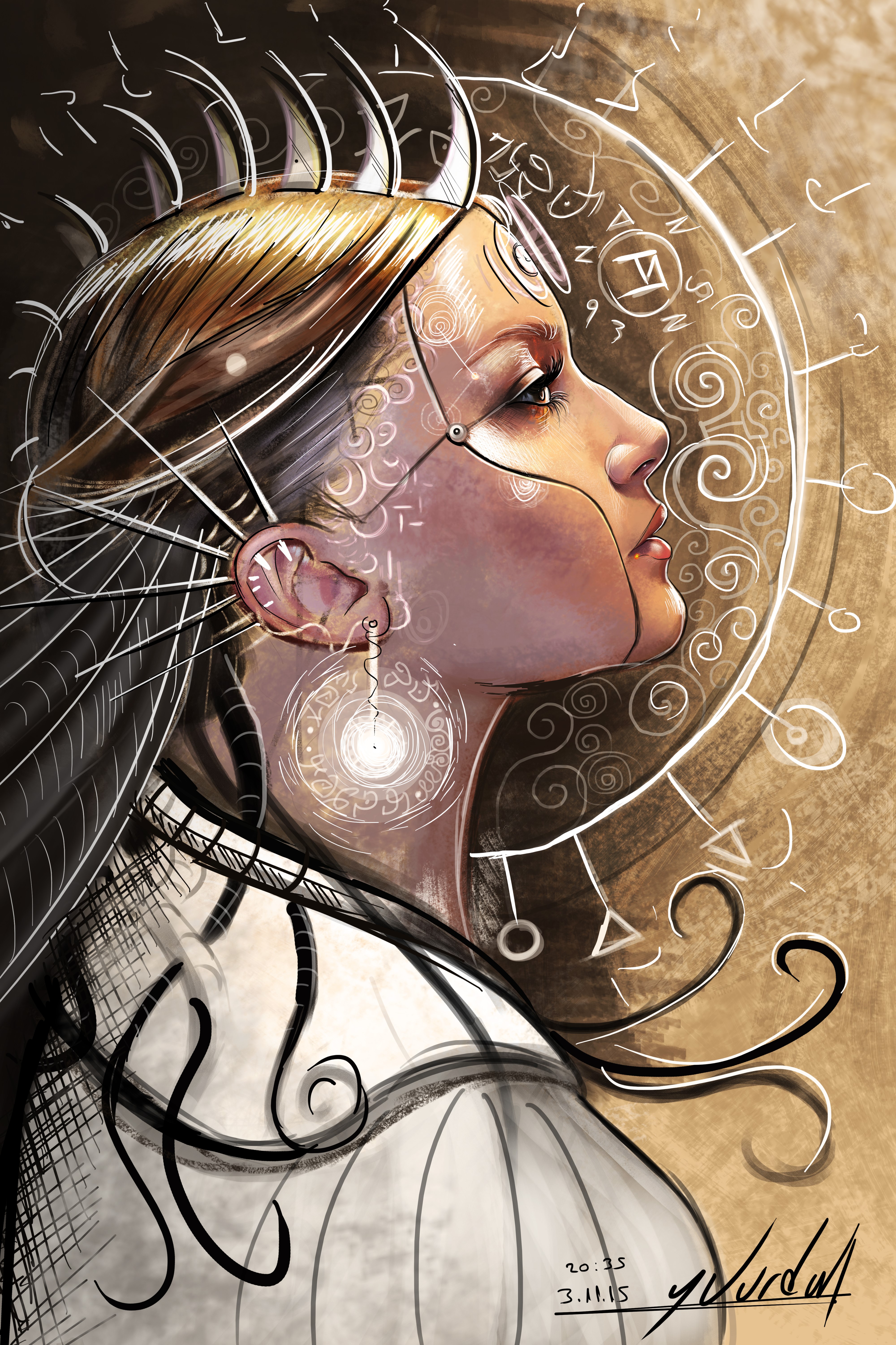Cyborg woman with mystical symbols HD Phone Wallpaper