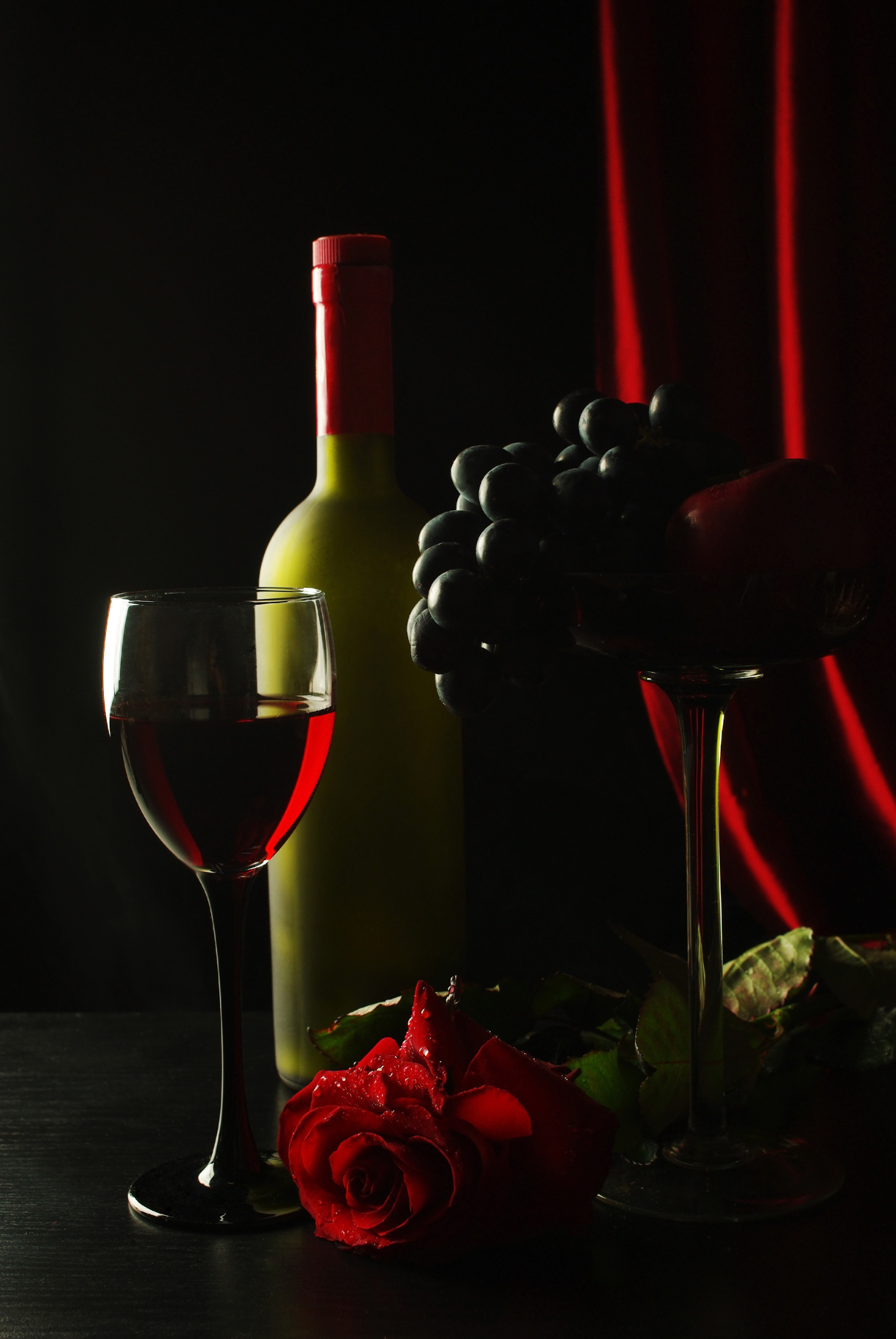 Wine bottle, glass, grapes, and rose HD Phone Wallpaper