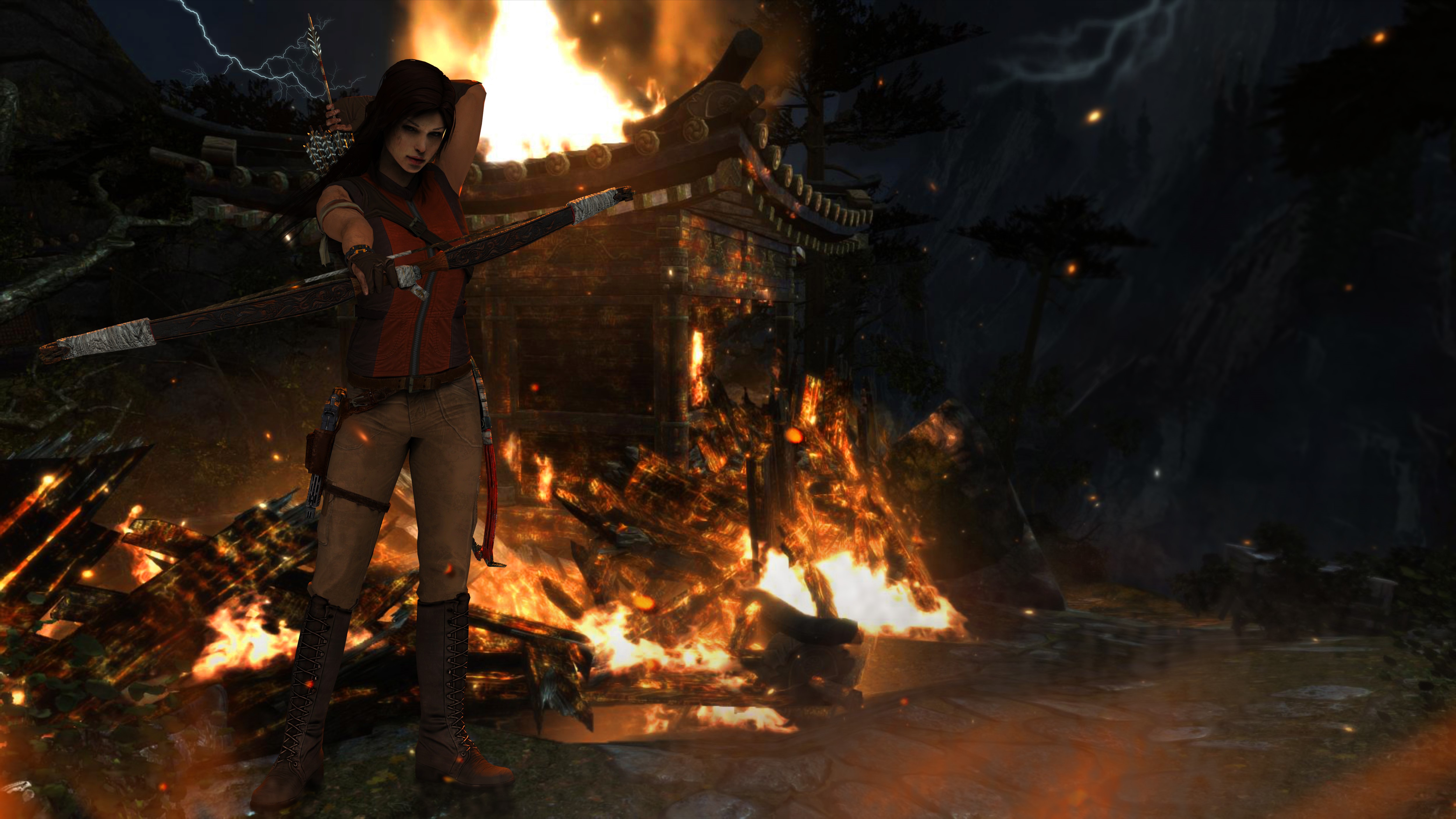 Lara Croft from Tomb Raider with a bow and arrow in front of a burning building HD Wallpaper