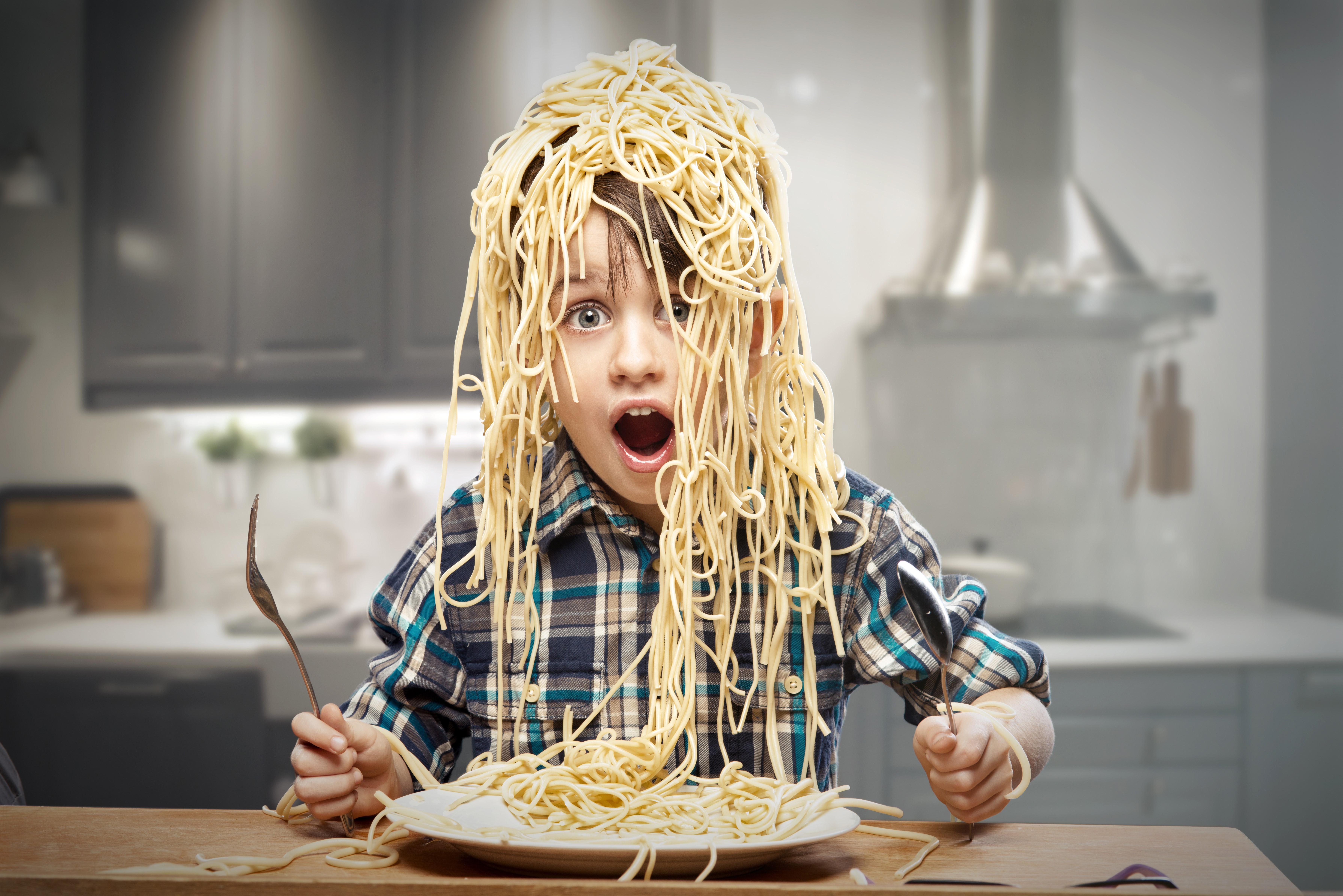 Boy with spaghetti on his head and plate HD Wallpaper