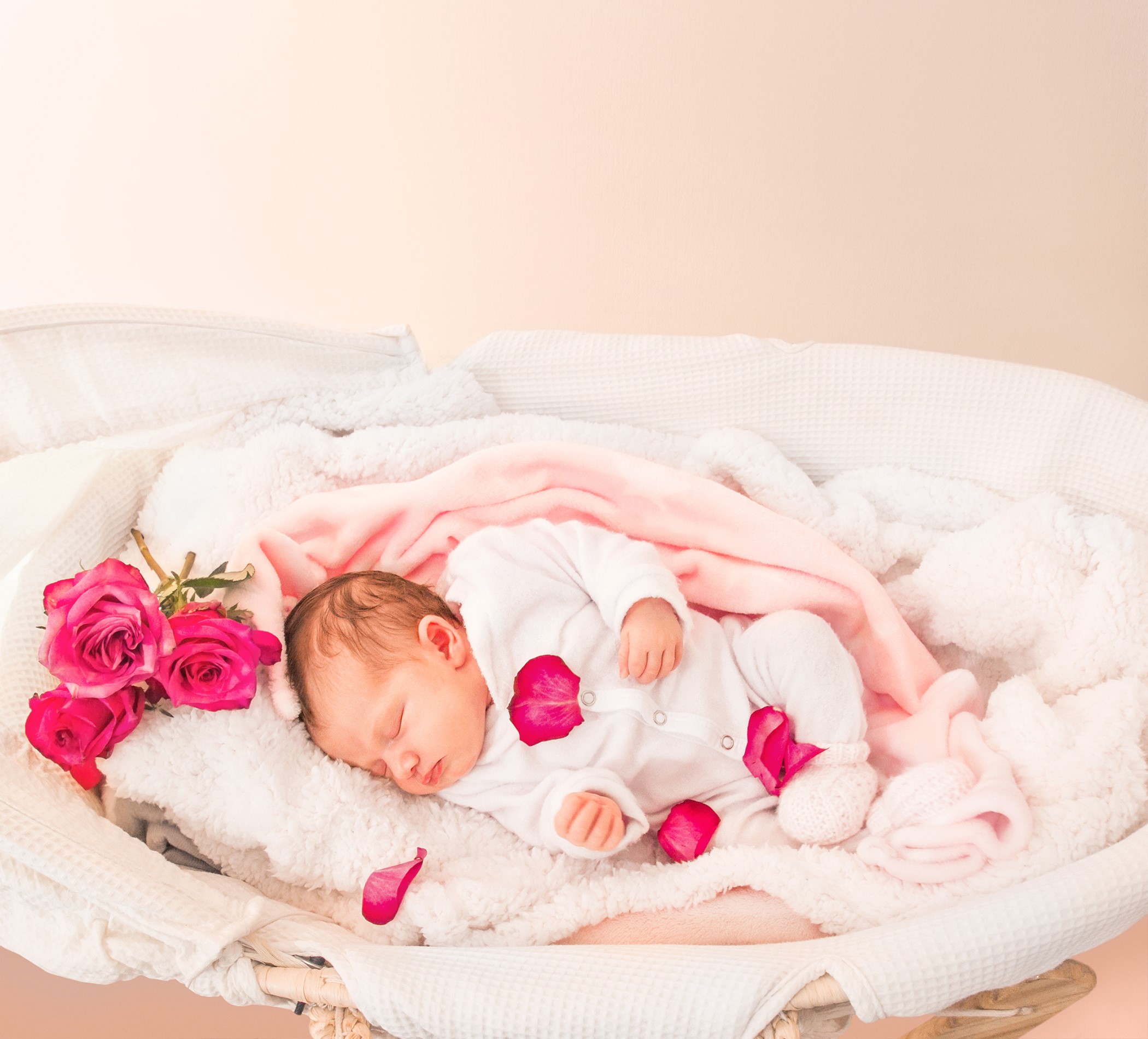 Newborn baby sleeping with roses and petals HD Wallpaper