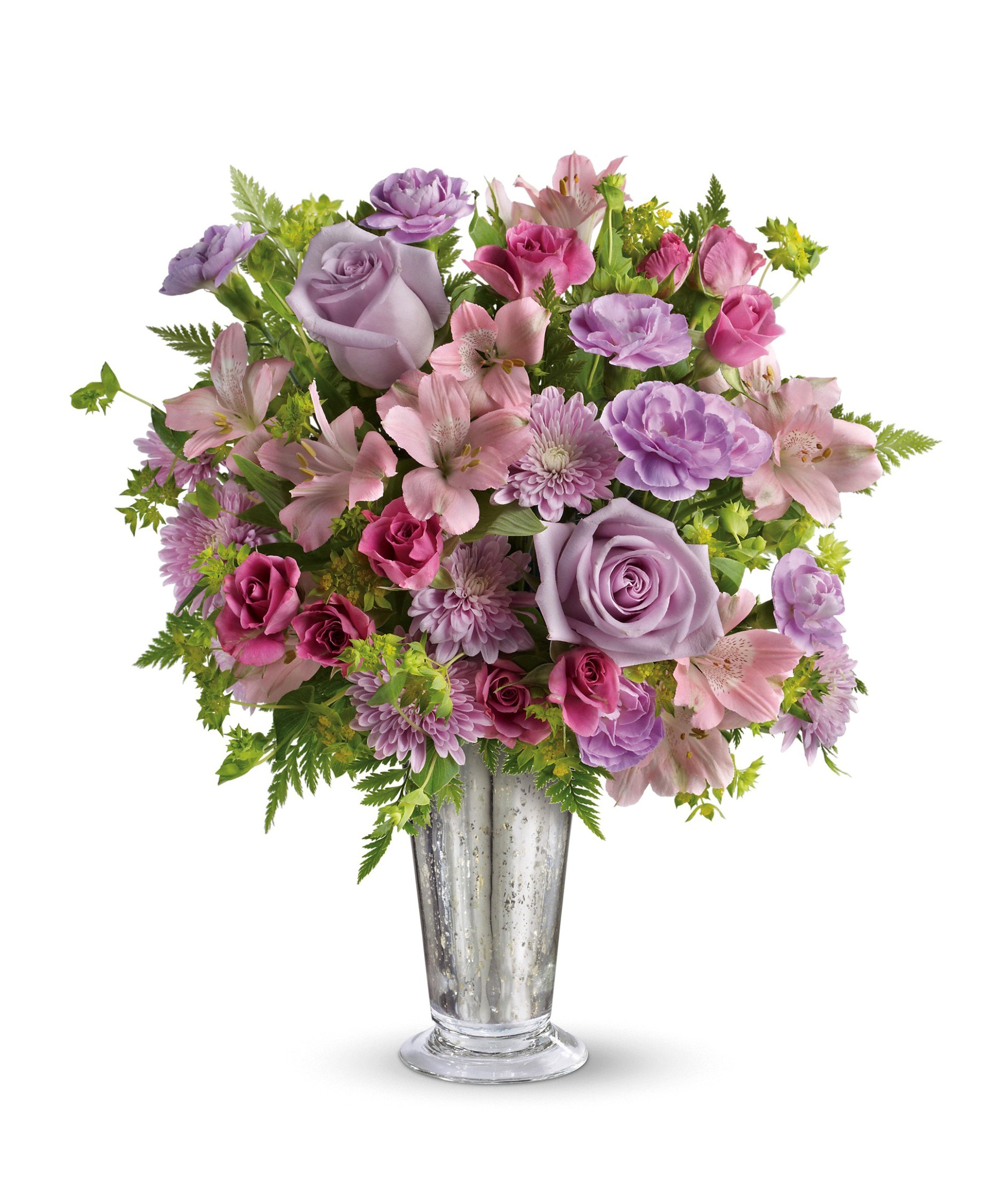 Purple and pink floral arrangement in a silver vase HD Phone Wallpaper