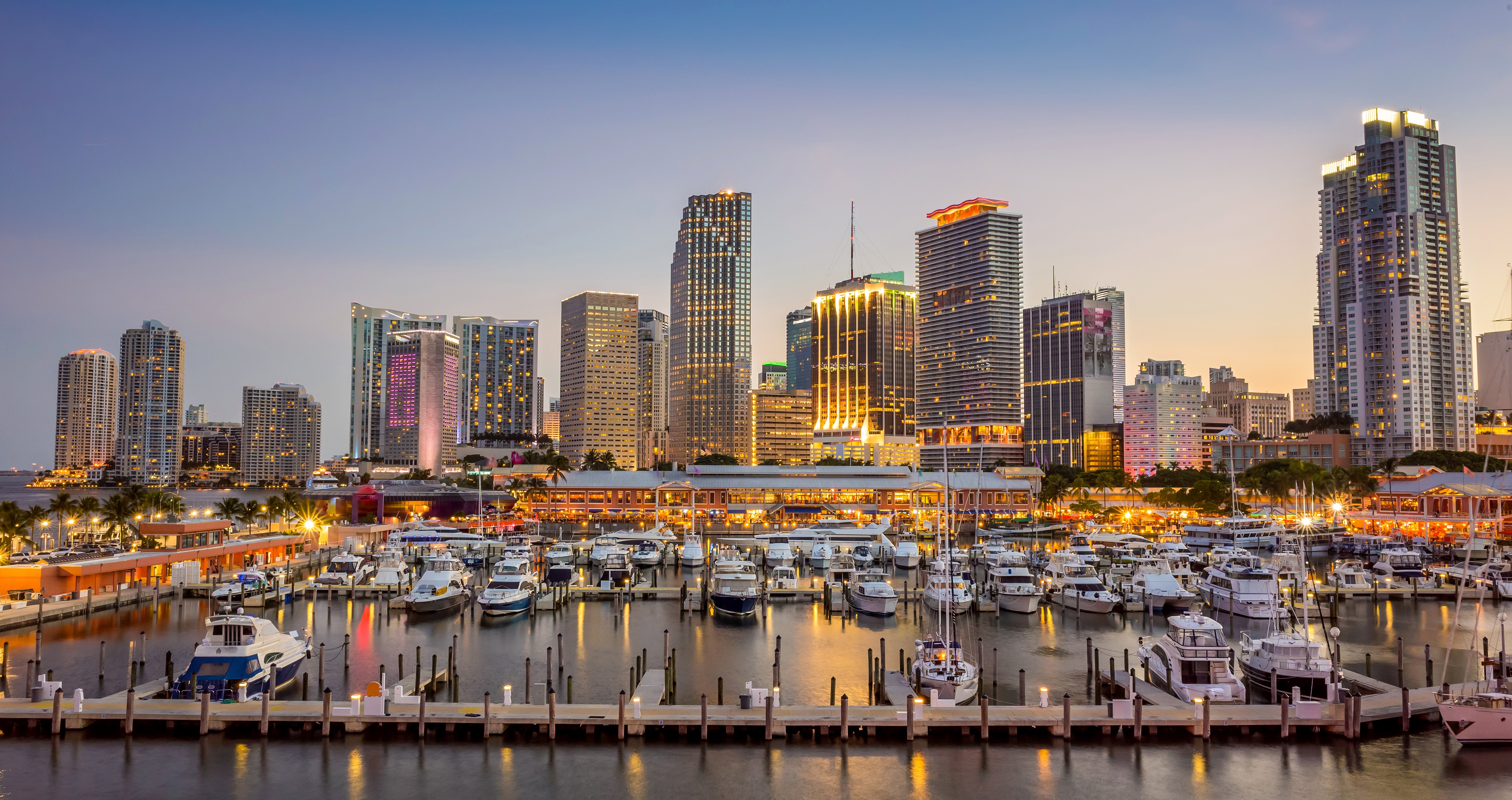 Miami Skyline with Marinas and Yachts at Dusk HD Wallpaper