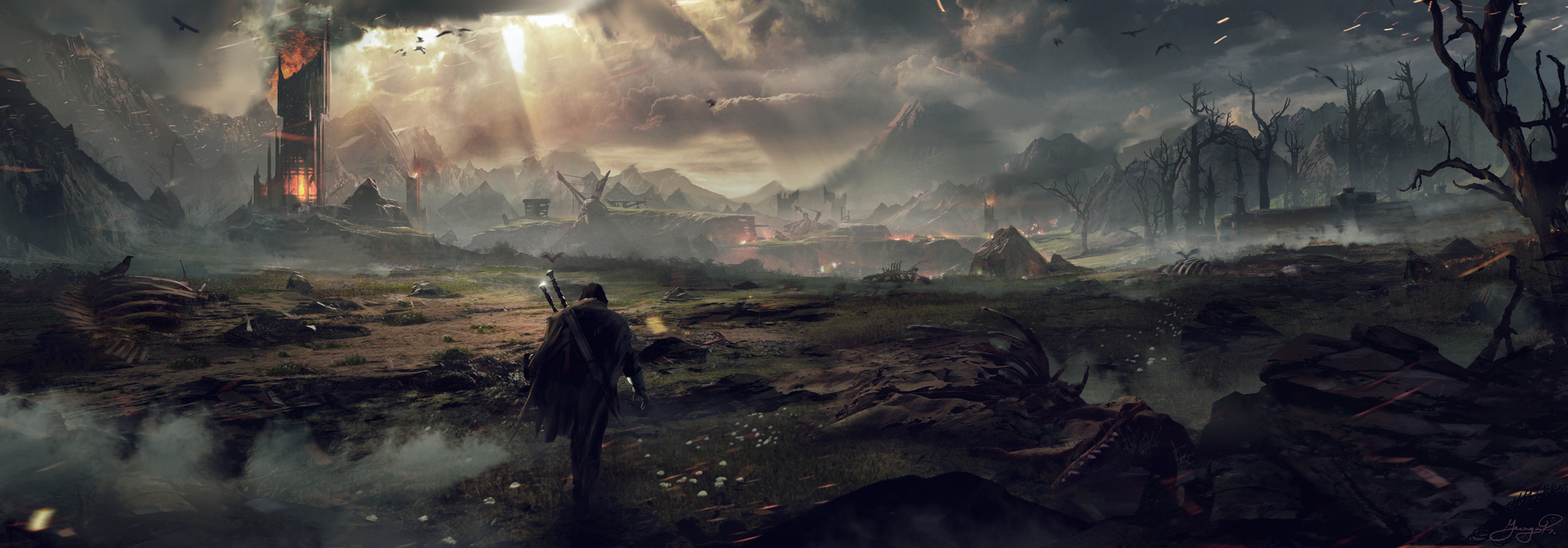 Warrior in a desolate landscape with a burning tower HD Wallpaper