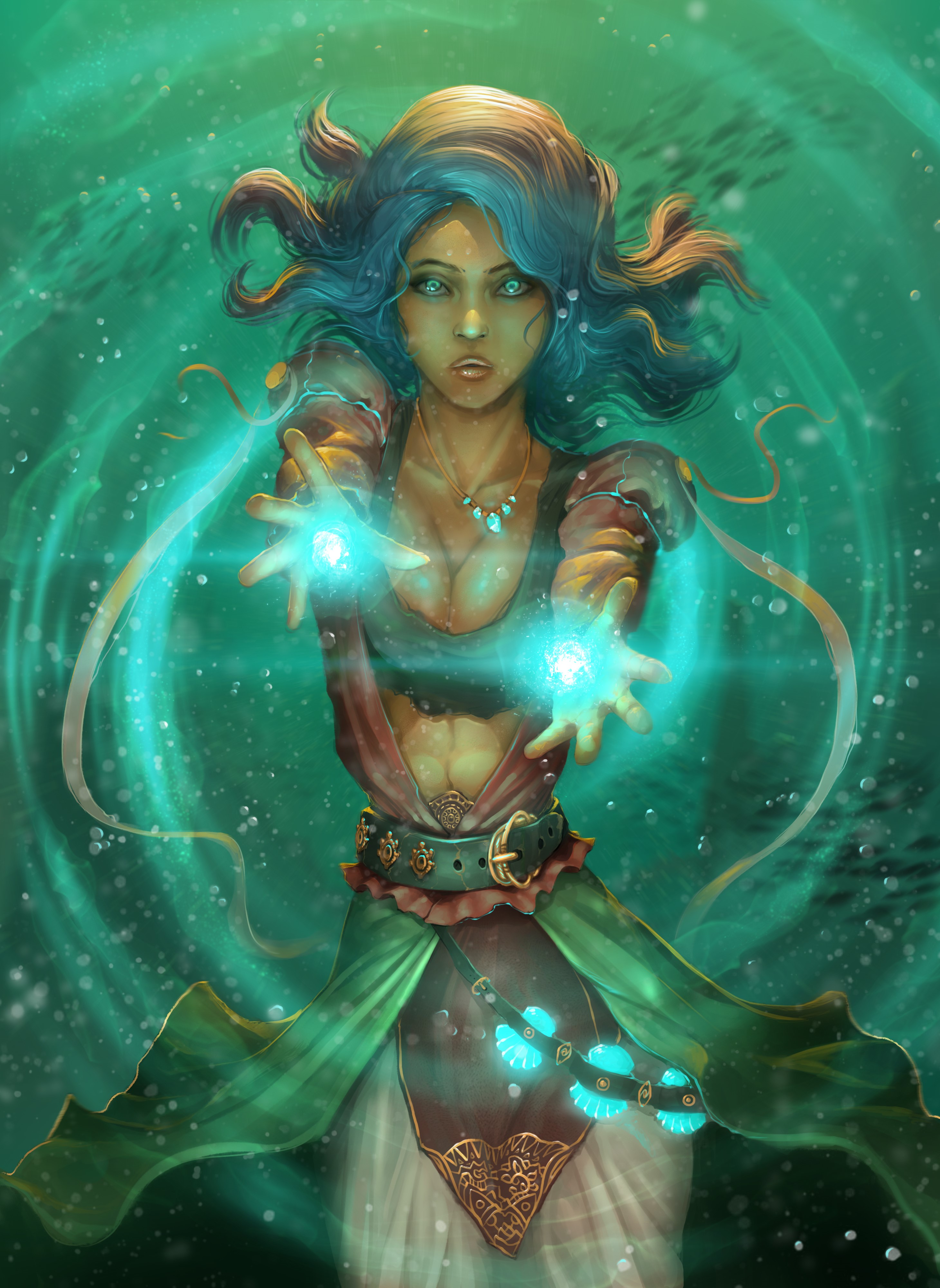 Woman casting magic underwater HD Phone Wallpaper
