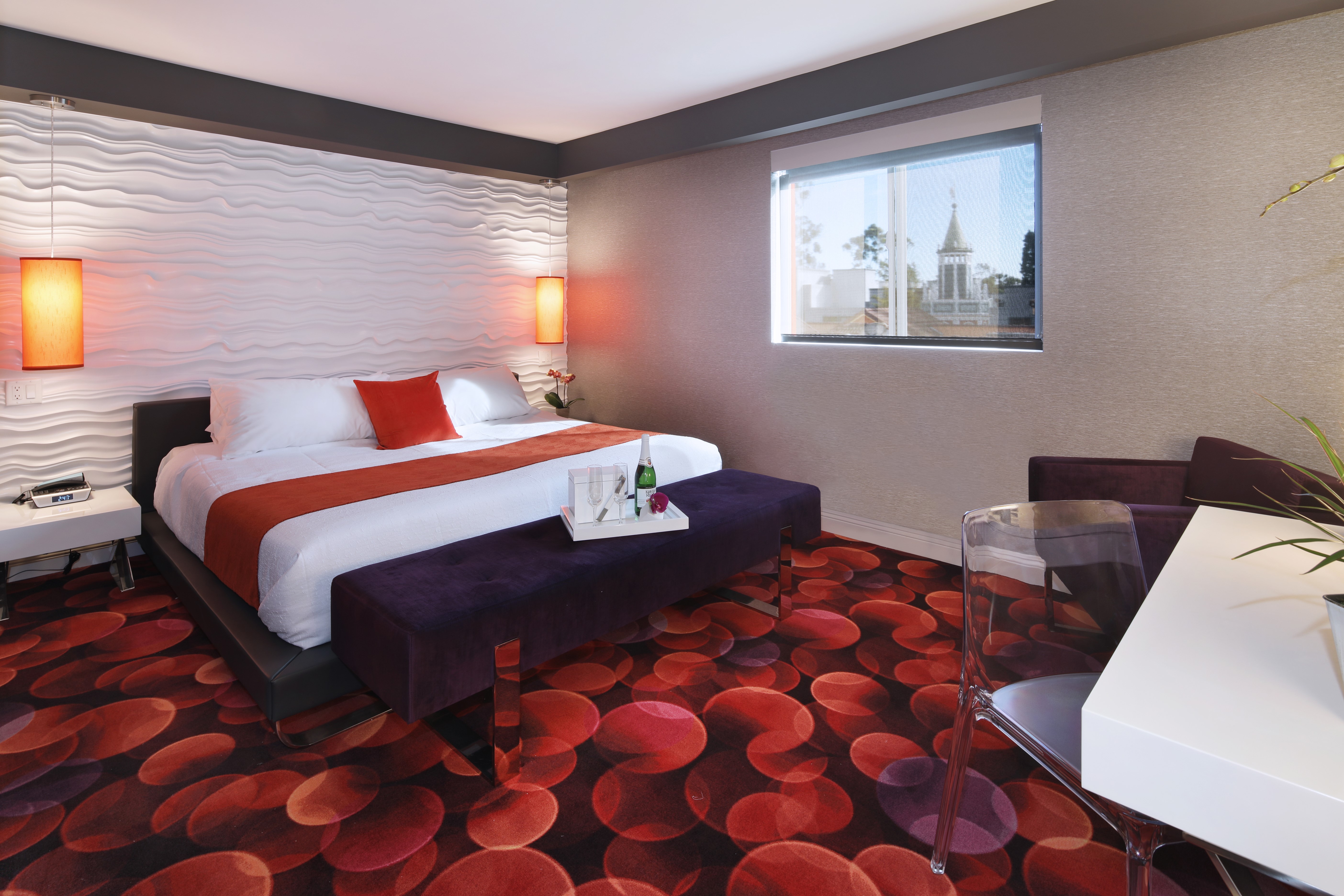 Modern Bedroom with Textured Wall and Bold Carpet HD Wallpaper