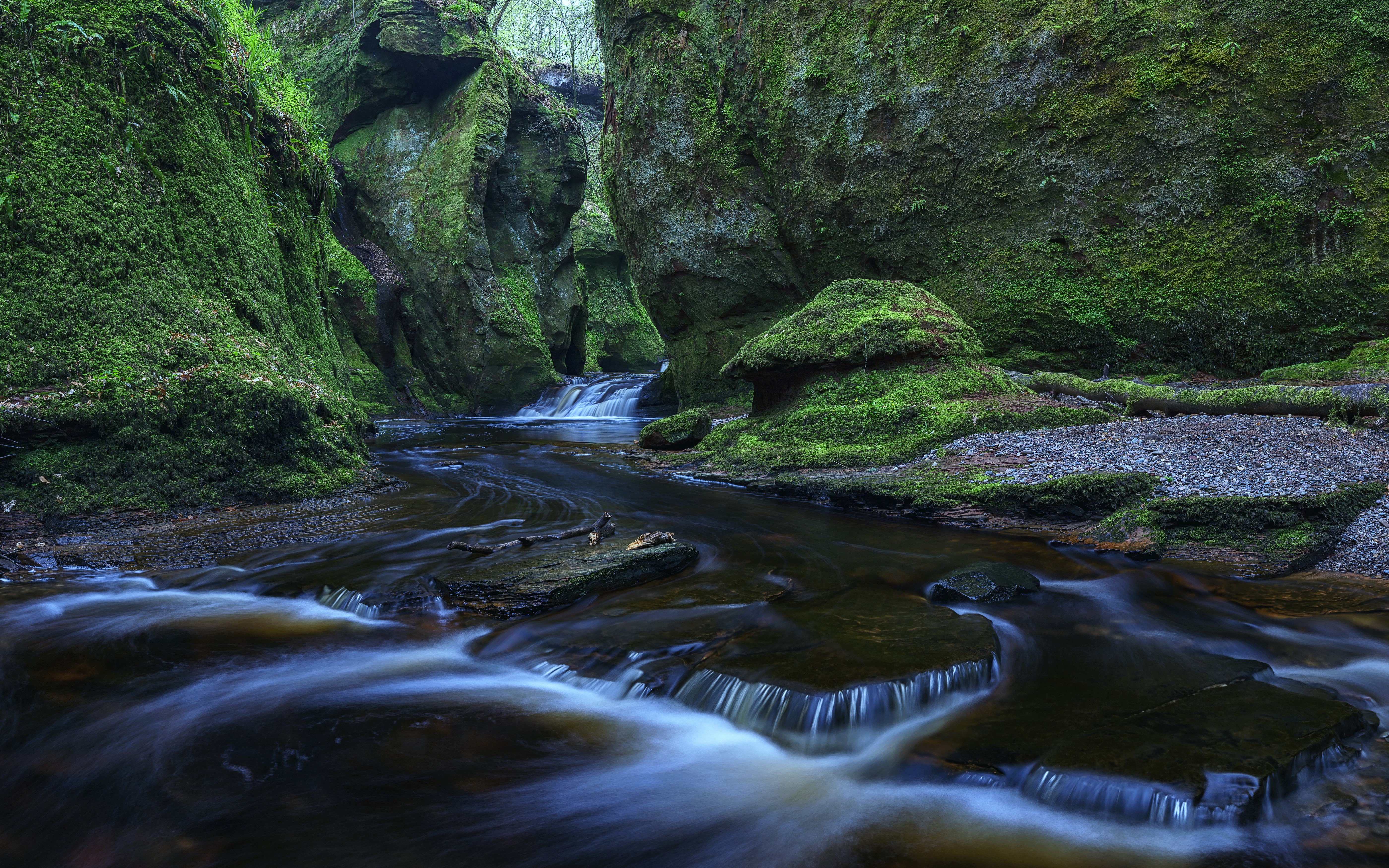 Finnich Glen Scotland Mossy Crags and Waterfalls HD Wallpaper