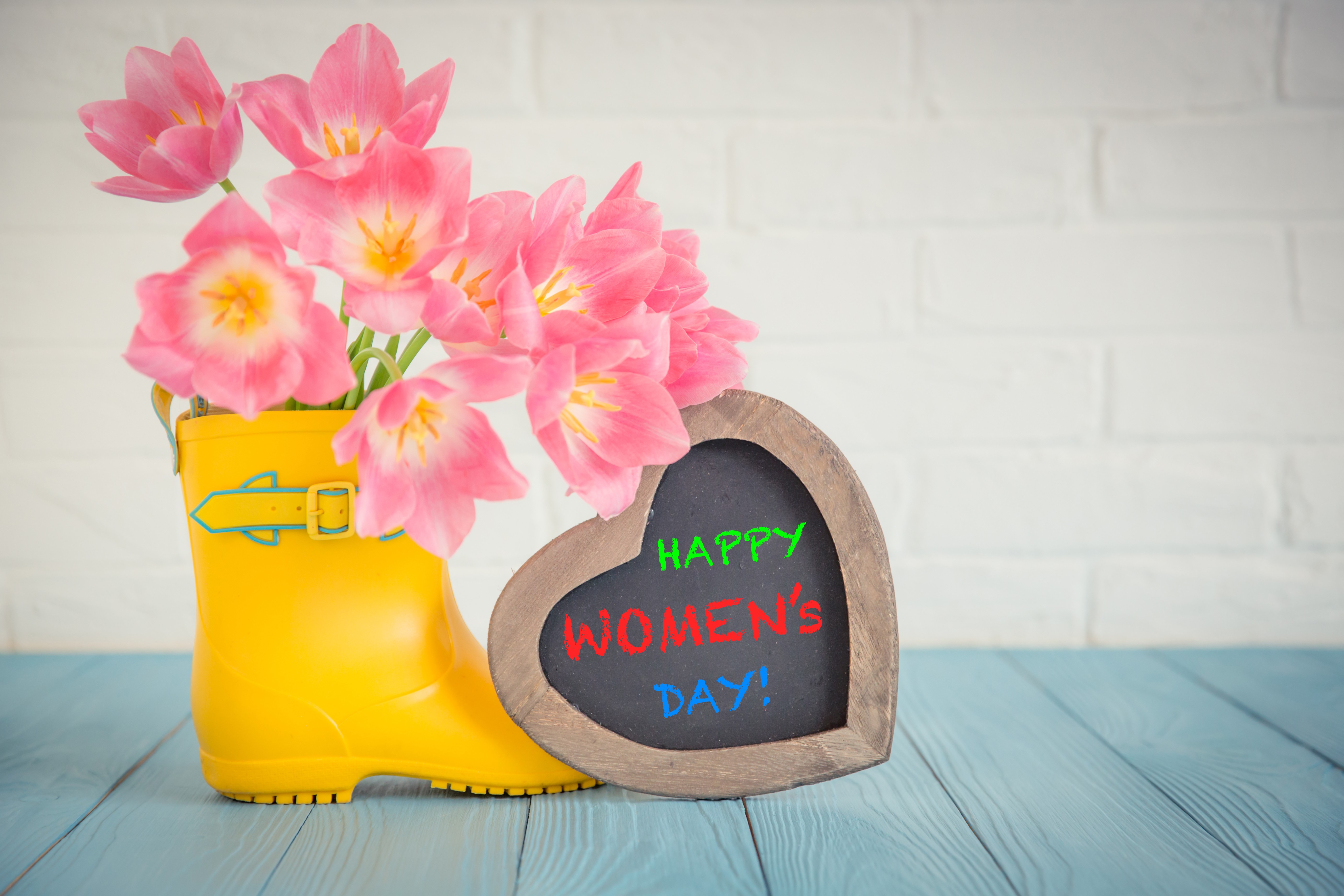 Pink Tulips in Yellow Boot with "Happy Women's Day" Heart Chalkboard HD Wallpaper