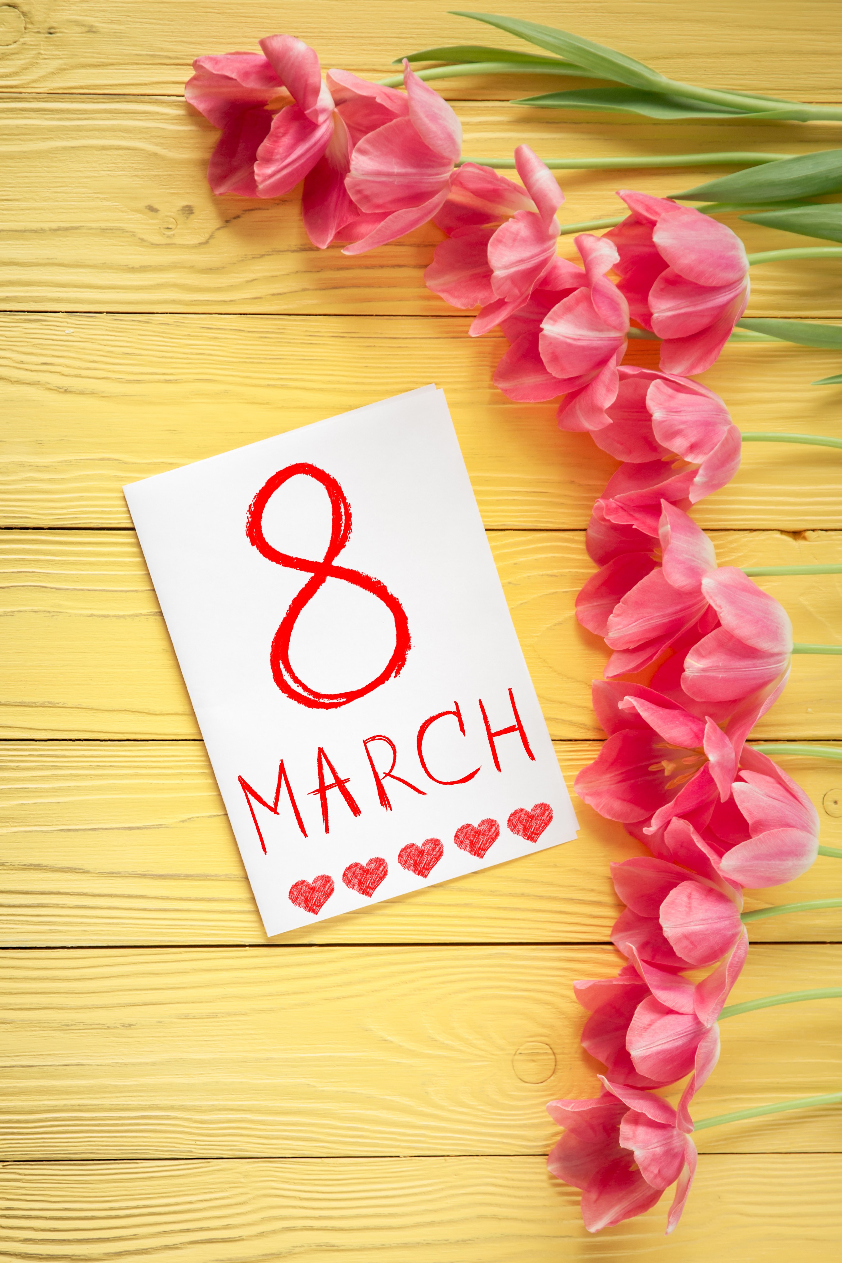 Pink Tulips and March 8 Card on Yellow Wood HD Phone Wallpaper