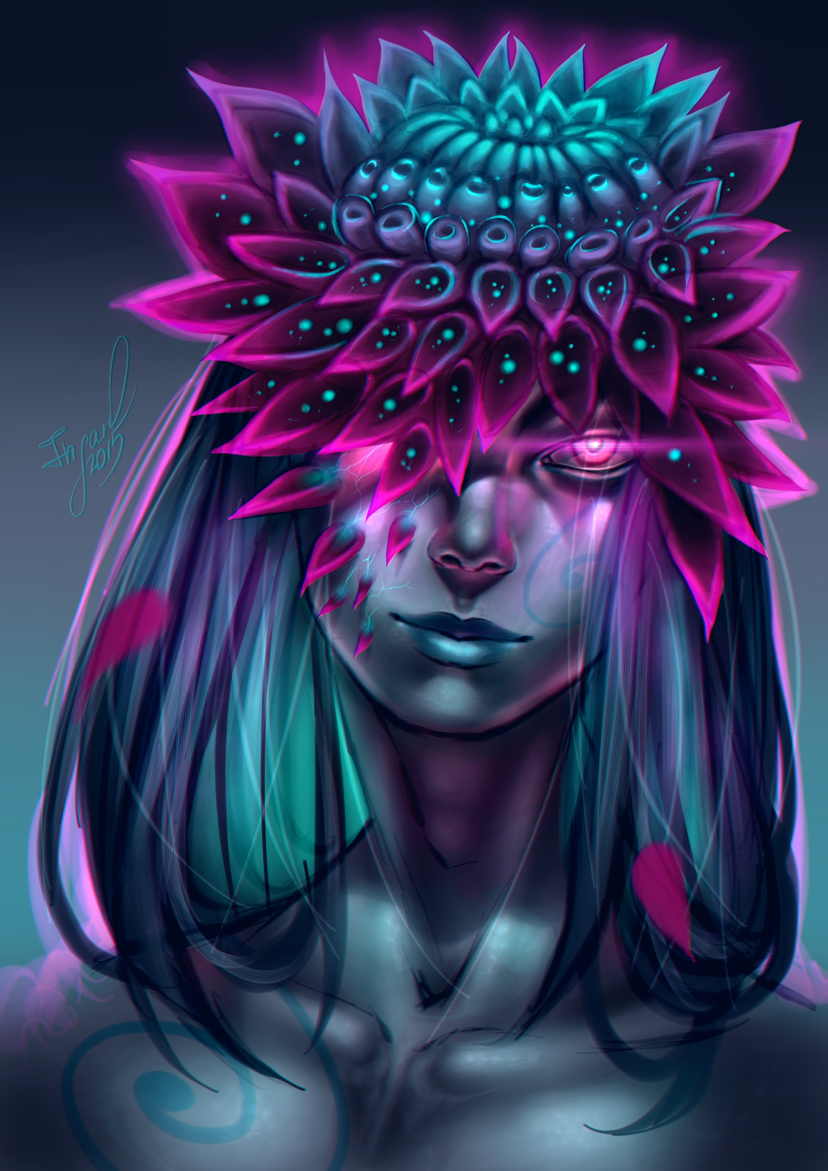 Person with glowing flower crown and dark hair HD Phone Wallpaper