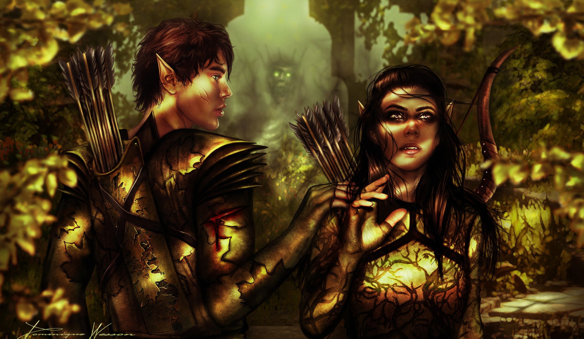 Two elves with bows and arrows in a forest HD Wallpaper