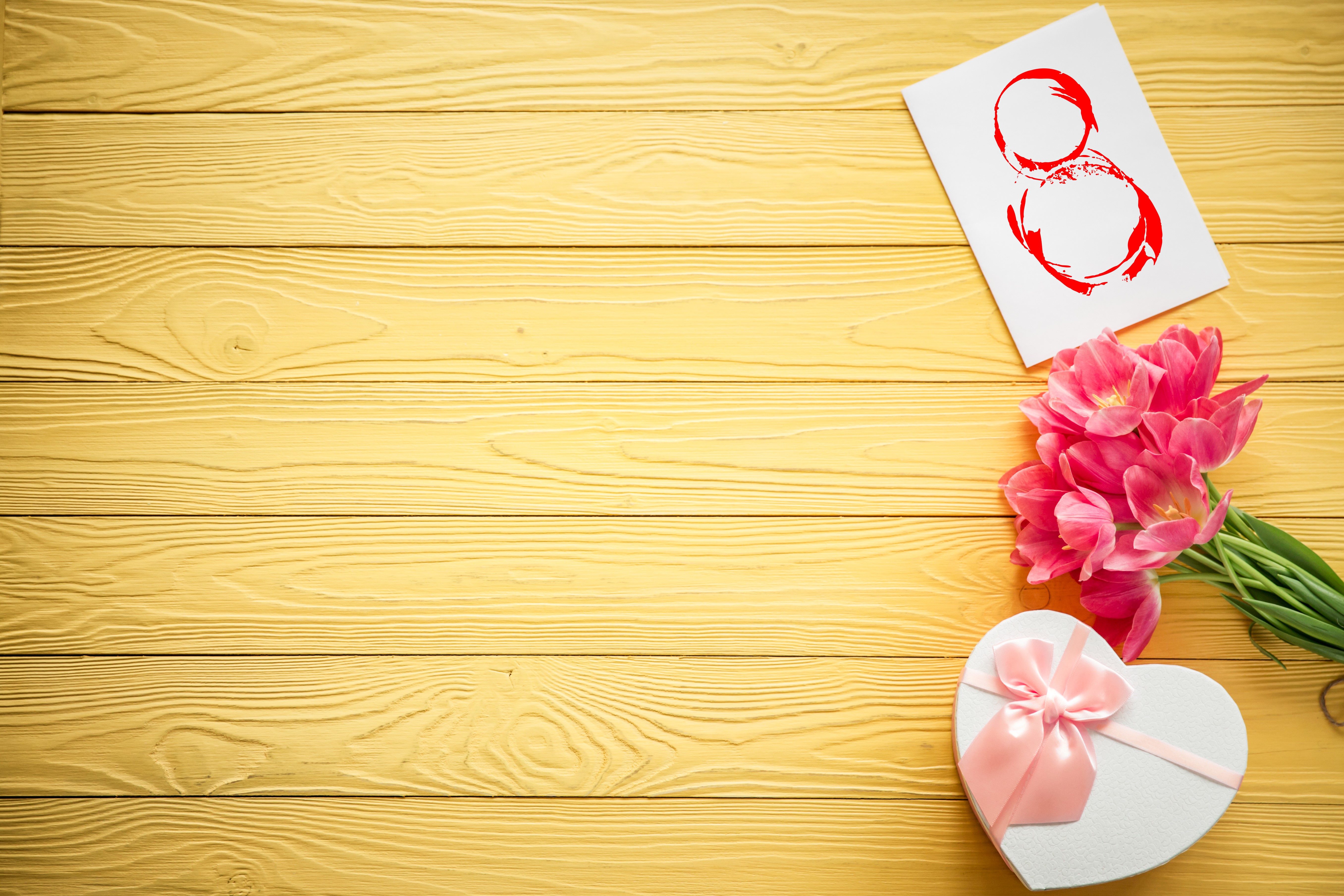 March 8 tulips and gift on wood planks HD Wallpaper