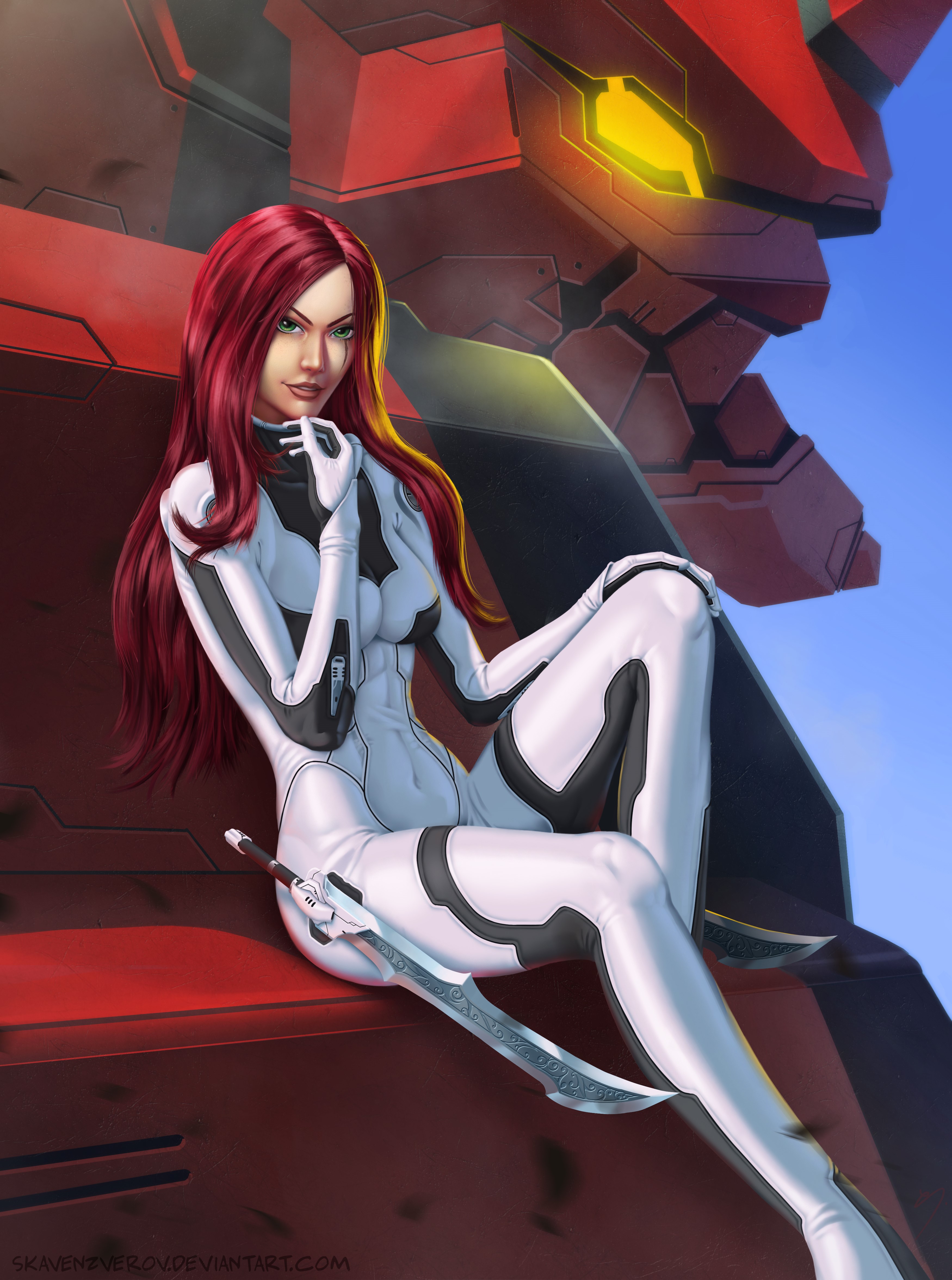 Katarina from League of Legends sitting with a mech HD Phone Wallpaper
