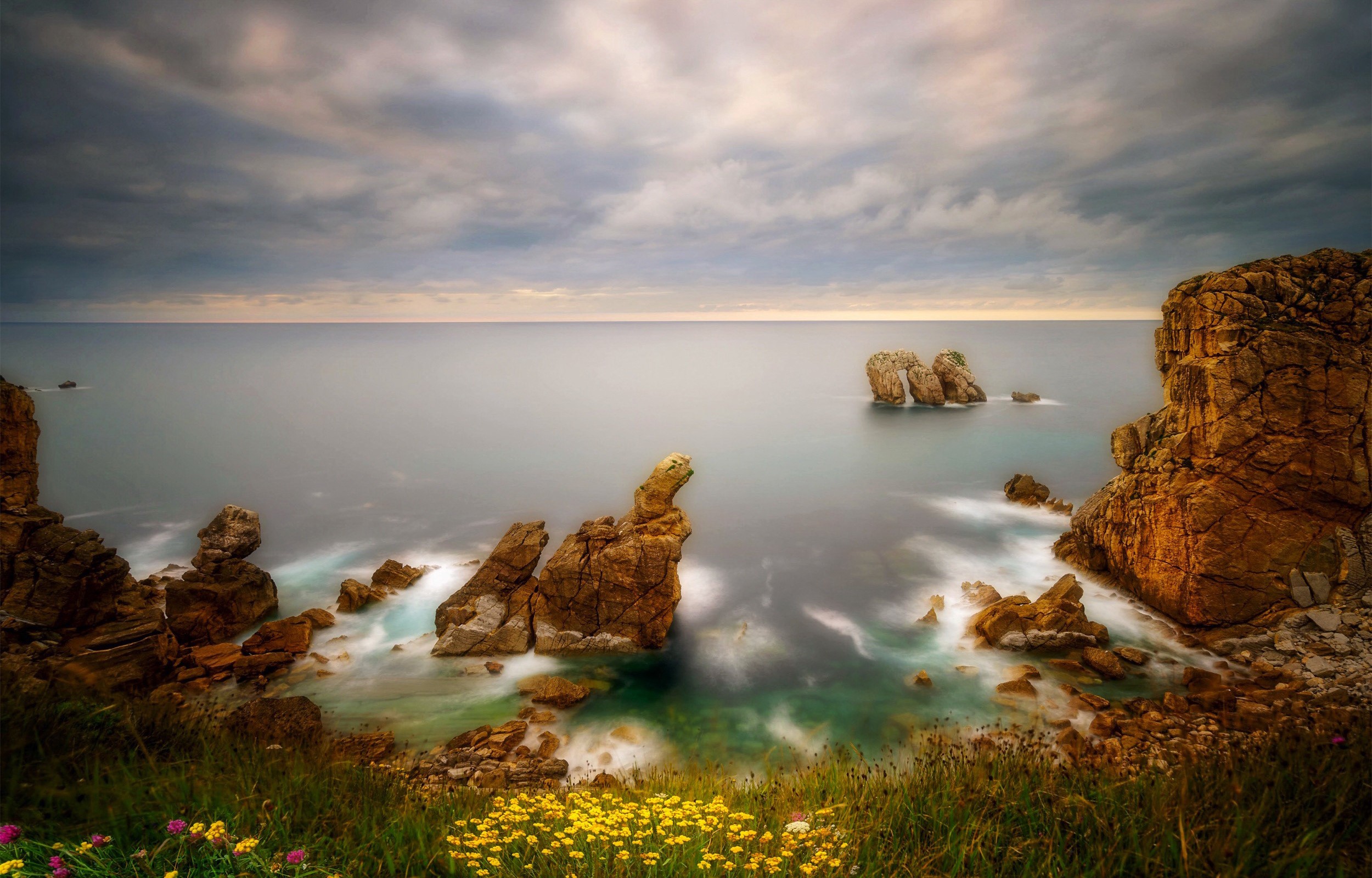 Costa Quebrada Cantabria Spain Coastline with Rocks and Flowers HD Wallpaper