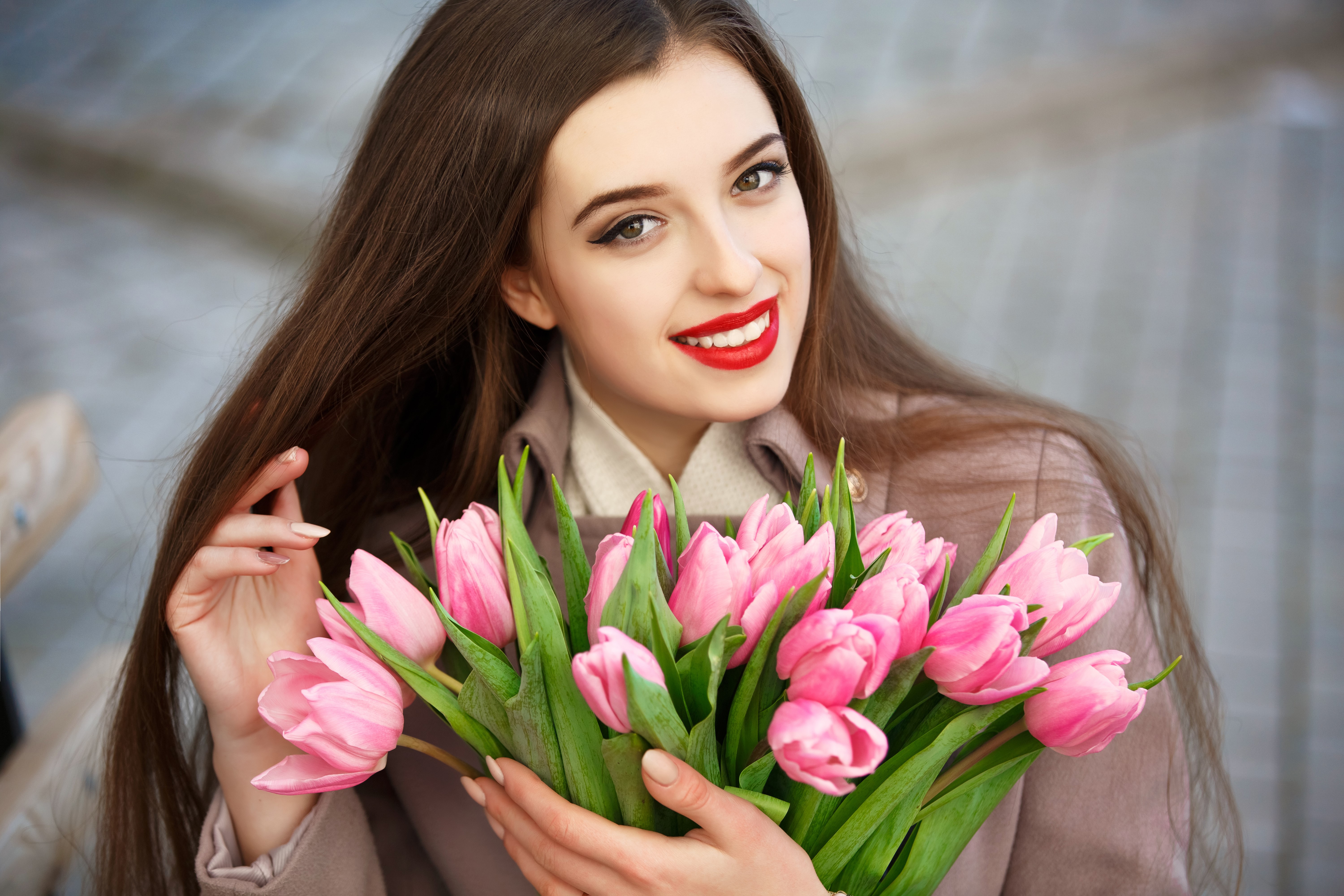 Woman with Brown Hair Holding Pink Tulips HD Wallpaper