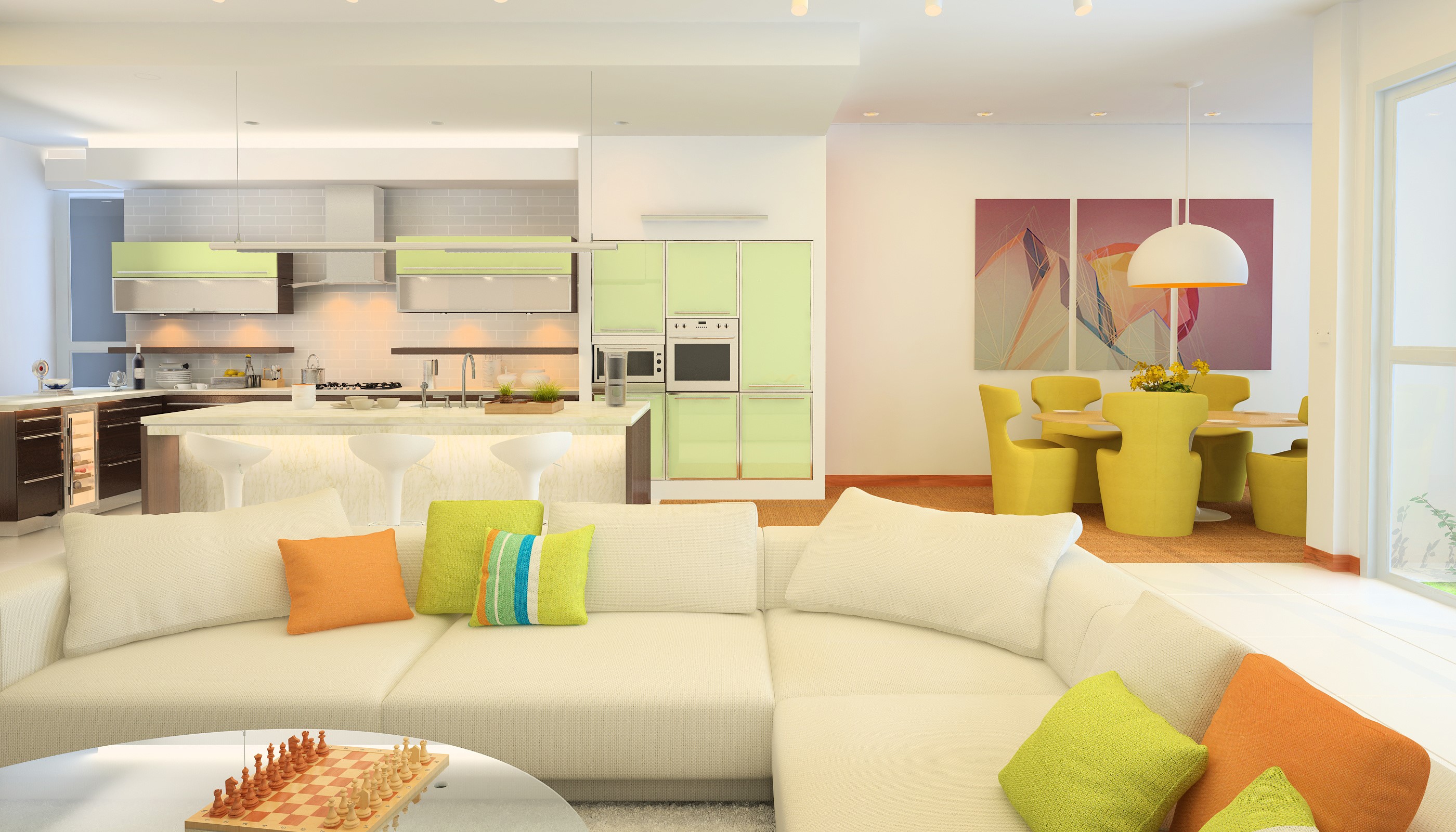 Modern living room and kitchen with white sofa and yellow chairs HD Wallpaper