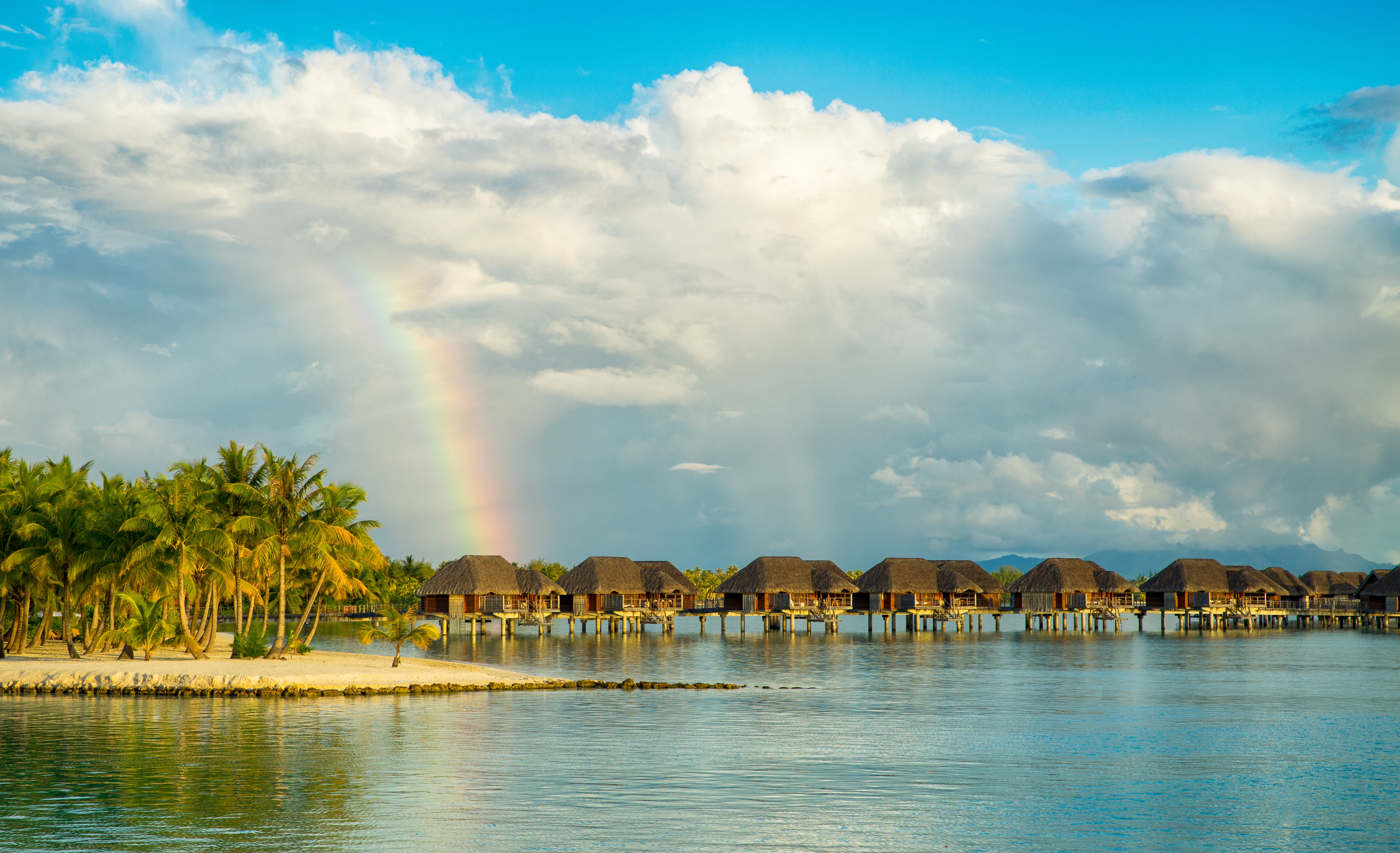 Bora Bora bungalows with rainbow and palm trees HD Wallpaper