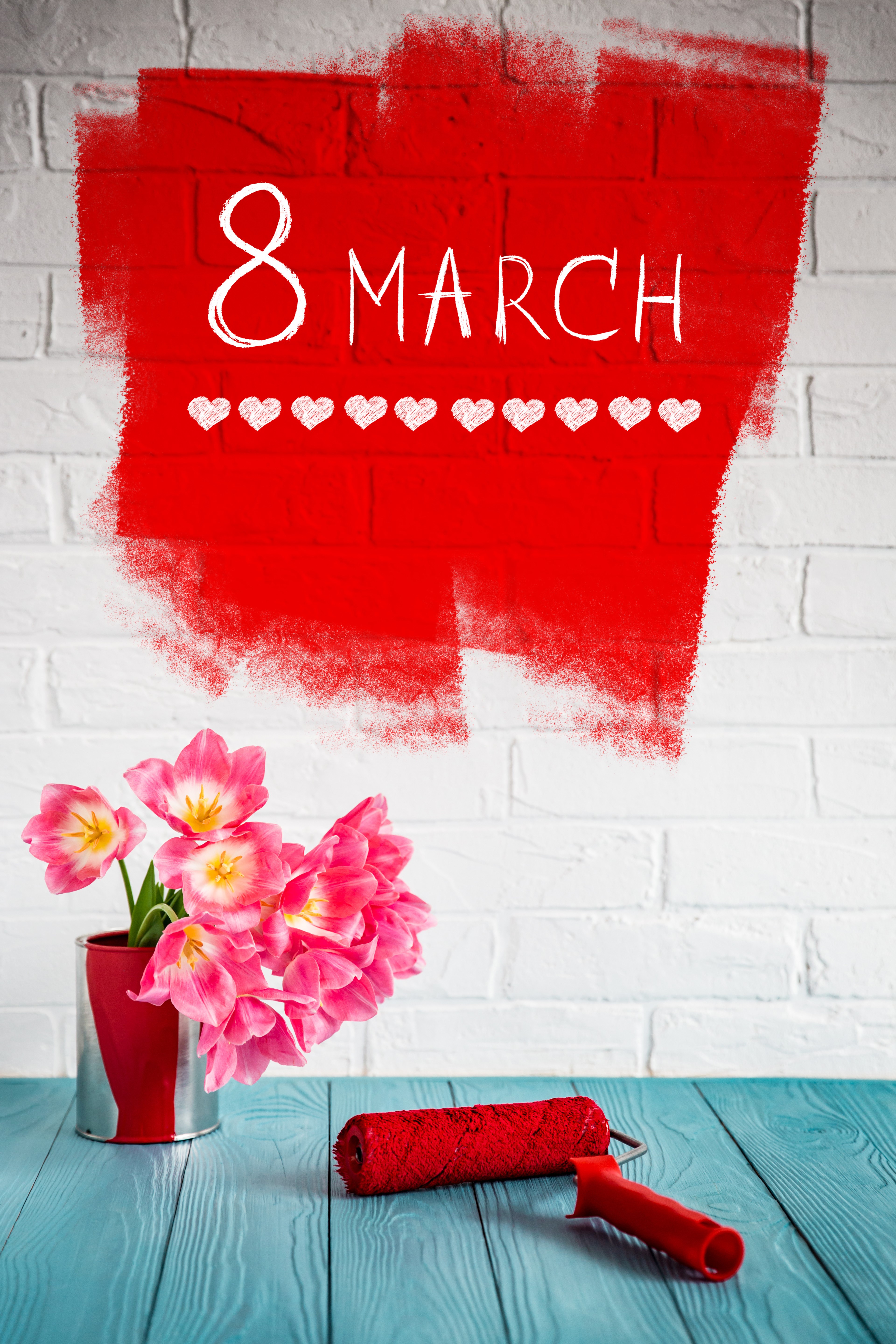 8 March Tulips and Paint Roller on Wood HD Phone Wallpaper