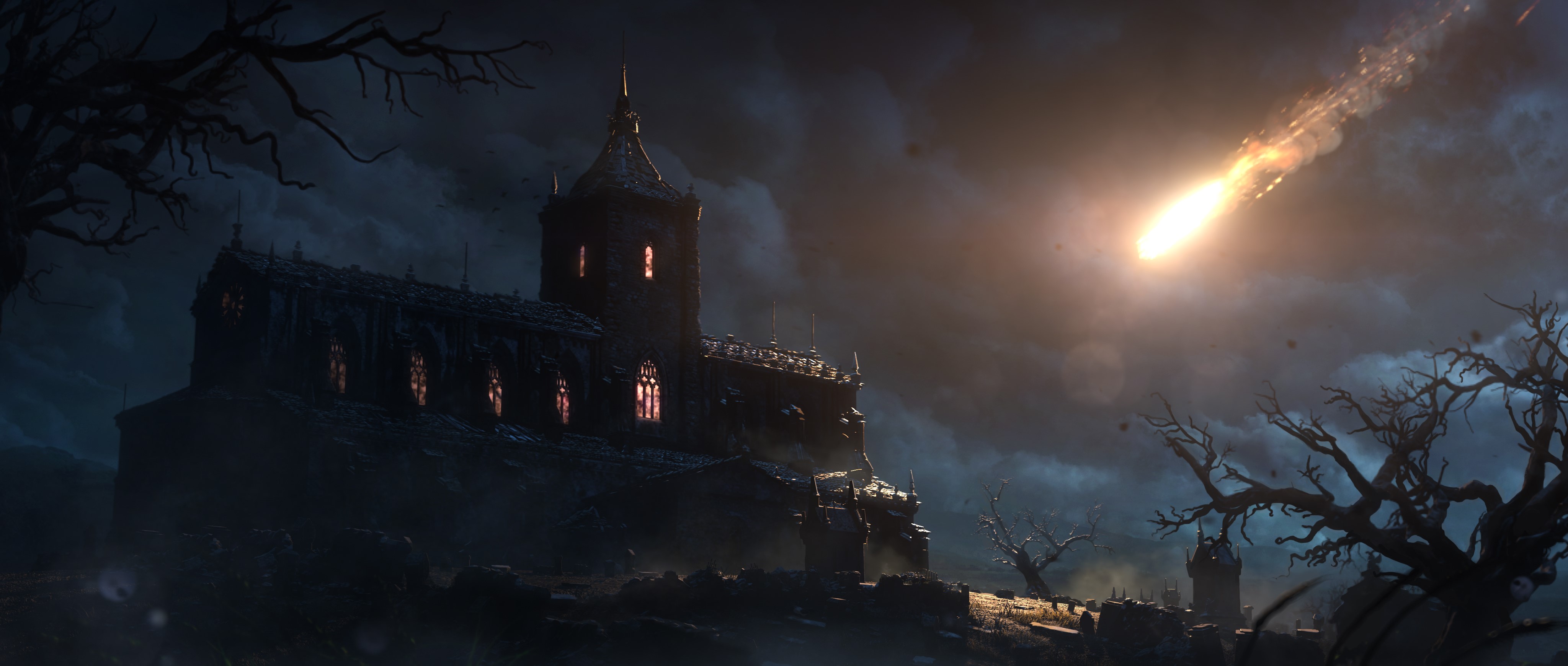 4K Diablo III Castle at Night with Meteor HD Wallpaper