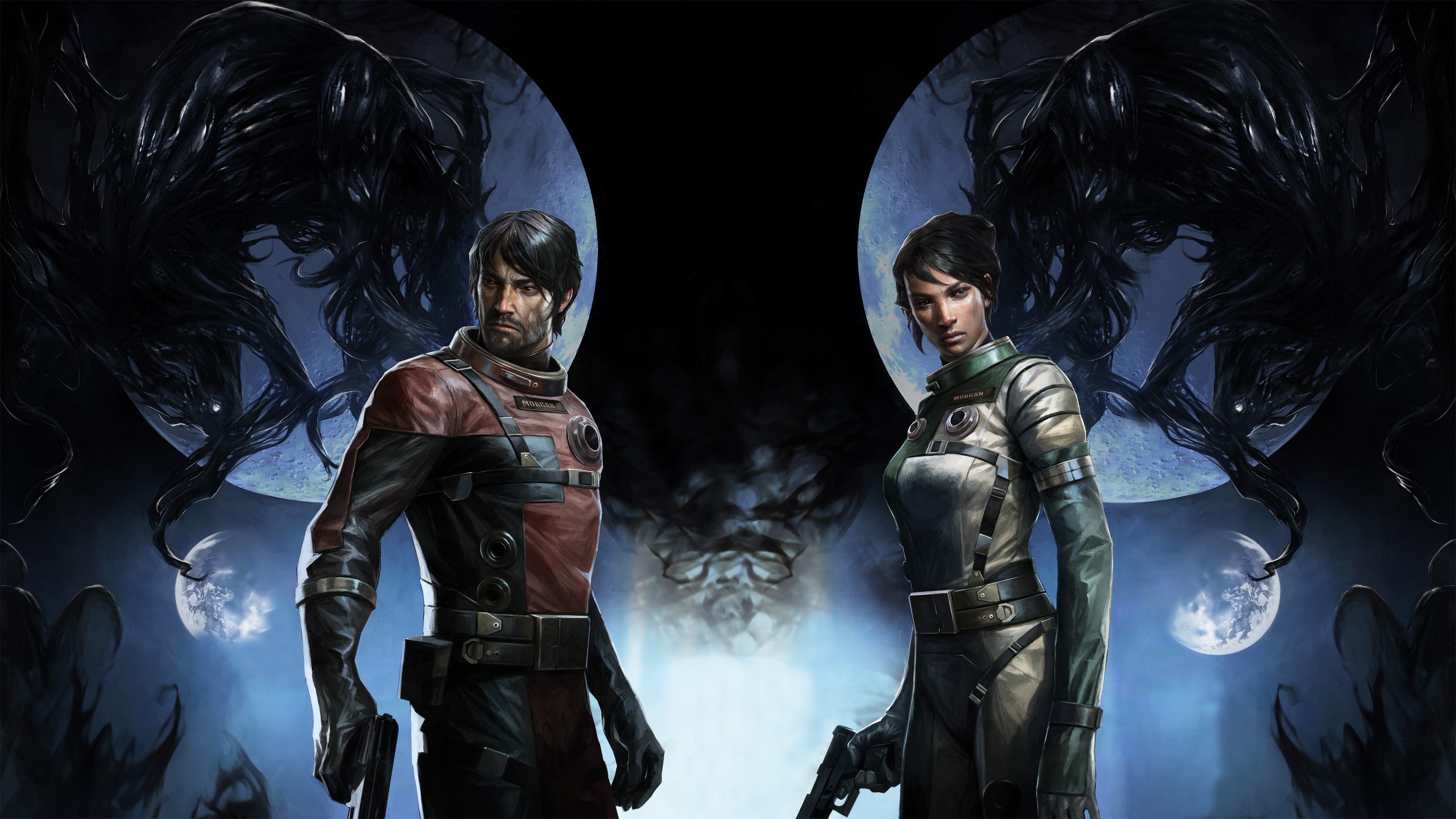 Two warriors facing shadowy monsters with moons behind them HD Wallpaper