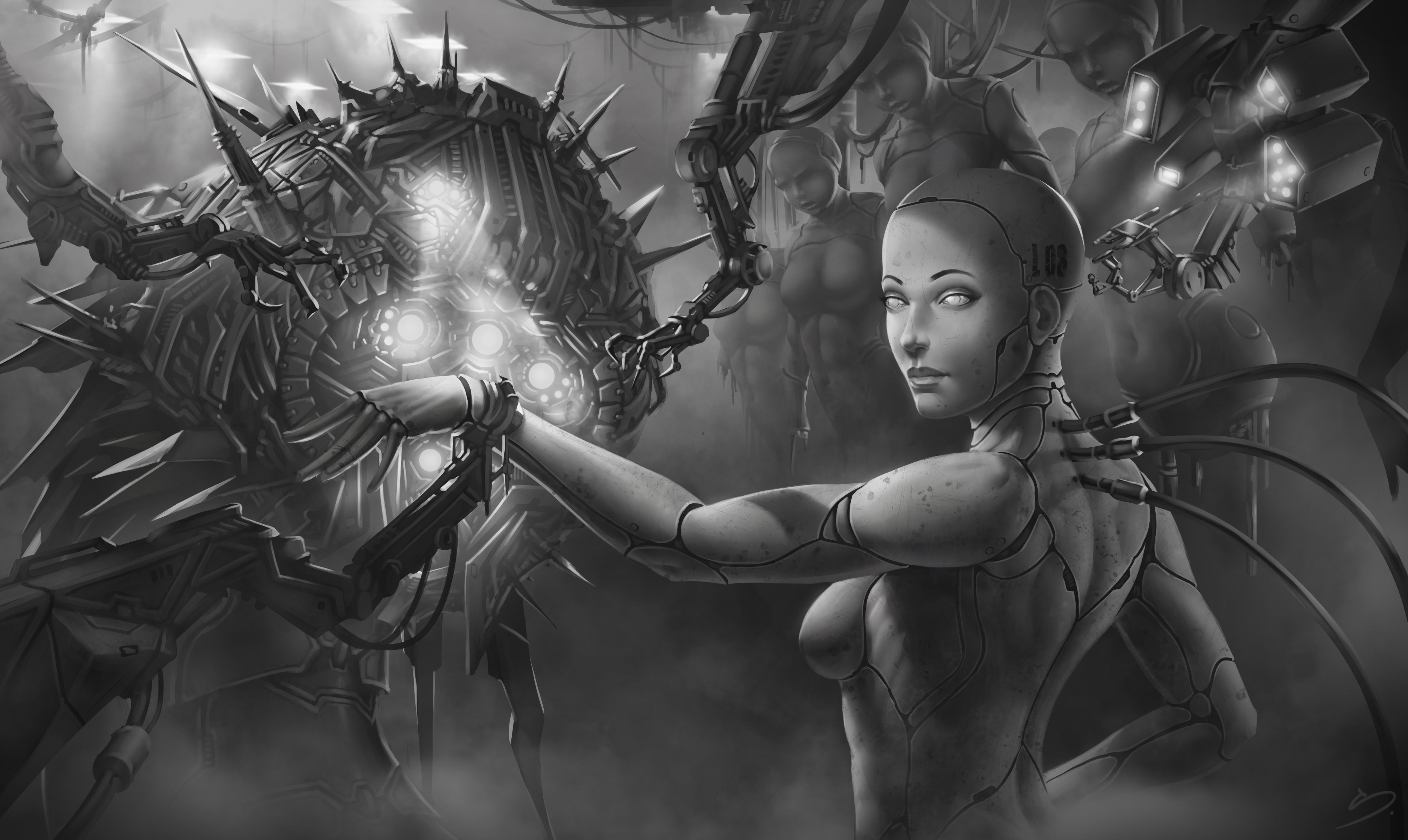 Robot and cyborgs in a dark industrial setting HD Wallpaper
