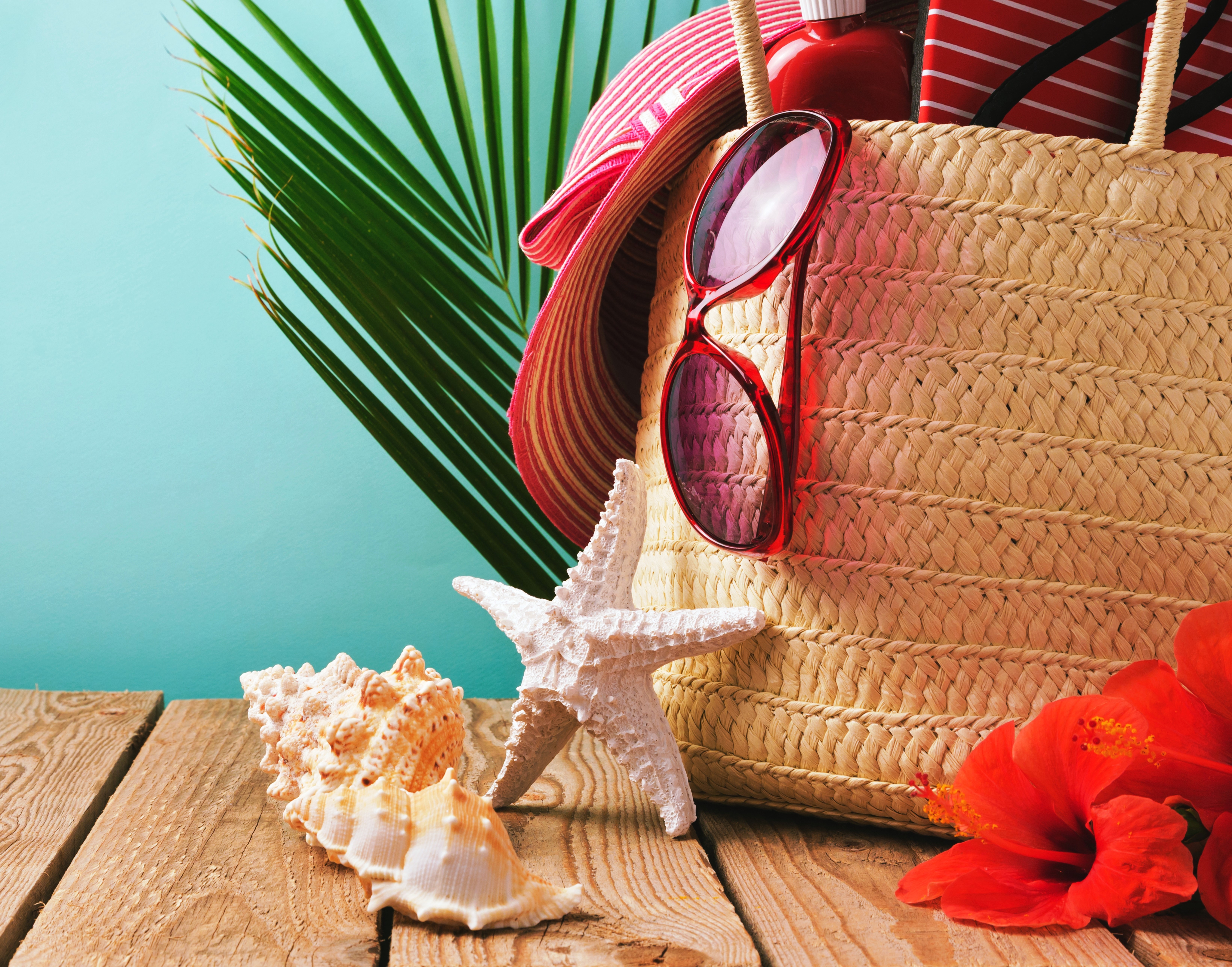 Summer Beach Accessories with Seashells and Flowers HD Wallpaper