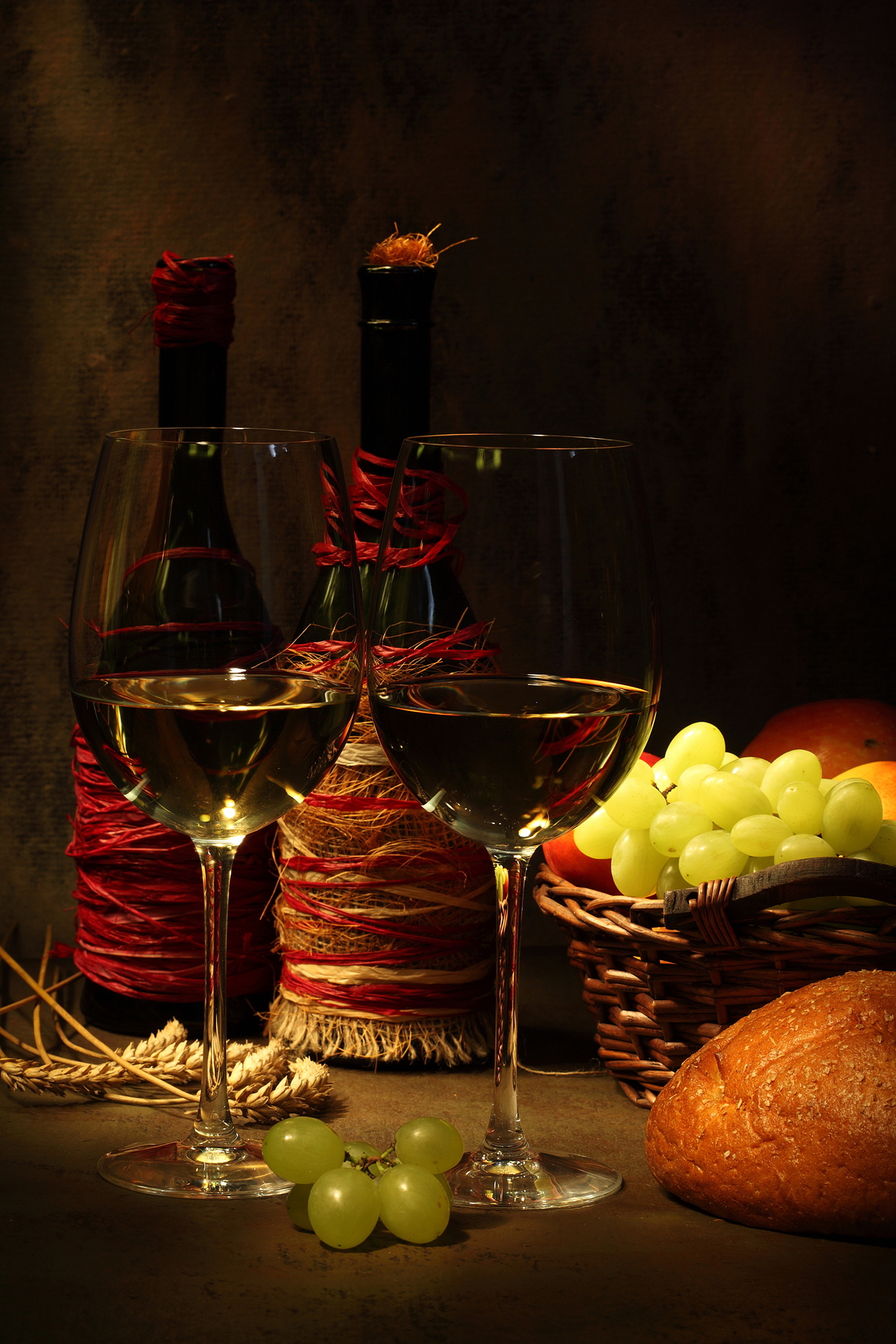 Still-life with Wine, Grapes, and Bread HD Phone Wallpaper