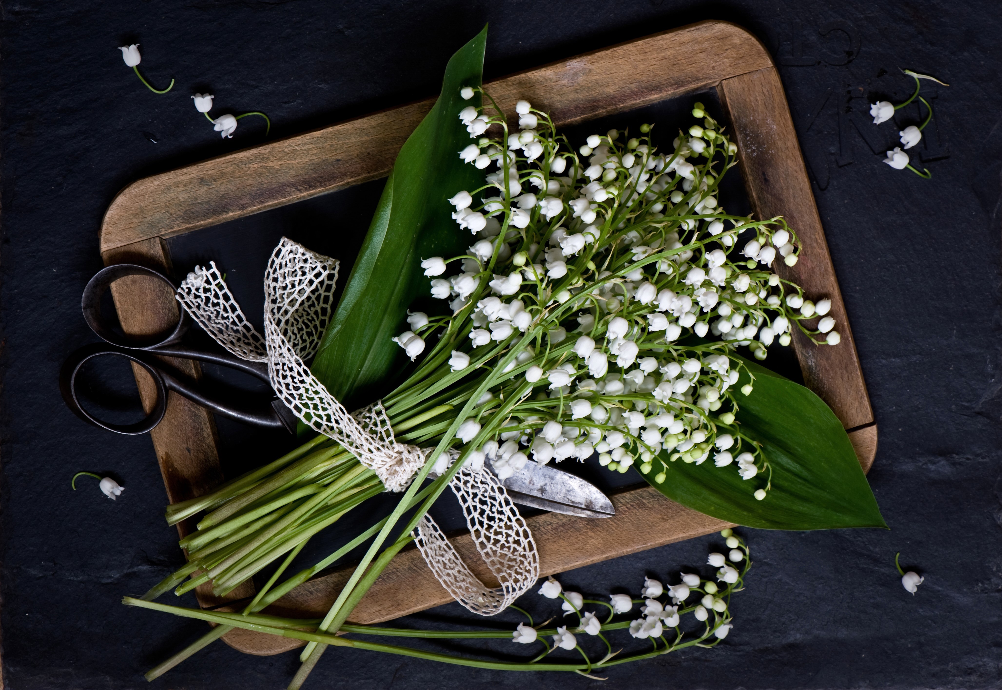 4K Lilies of the Valley Bouquet with Scissors HD Wallpaper